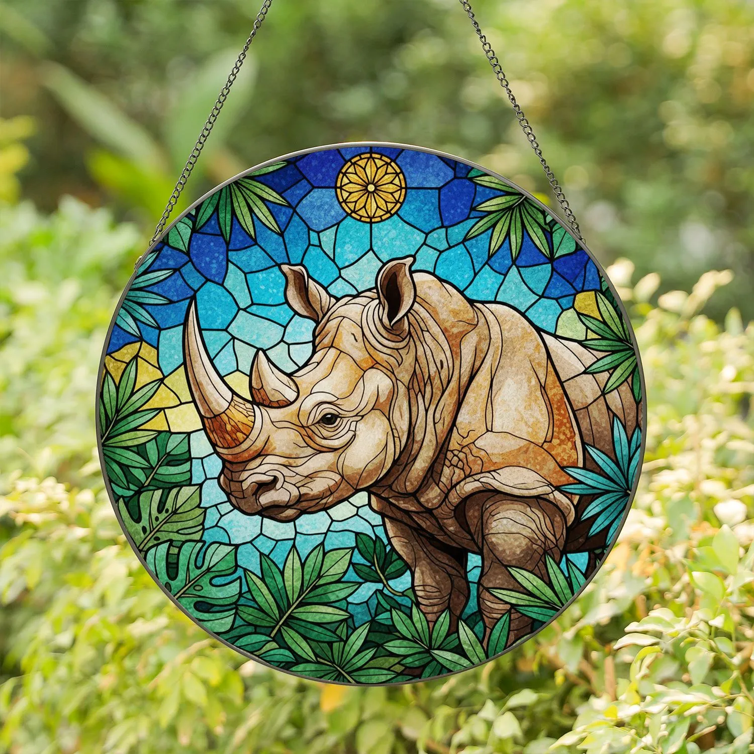 Majestic Rhinoceros Jungle Leaves Tiffany Glass Mosaic - Safari Wildlife Home Decor Stained Glass Suncatcher - 1