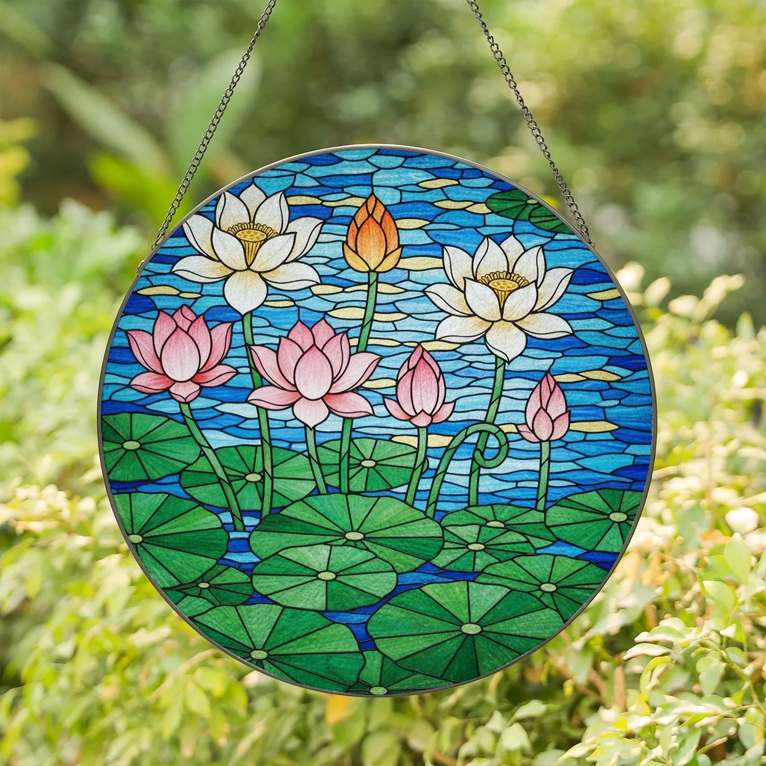 Seven Lotus Flowers Lily Pads Pond Shimmering Waves - Tiffany Style Stained Glass Decor Stained Glass Suncatcher - 1