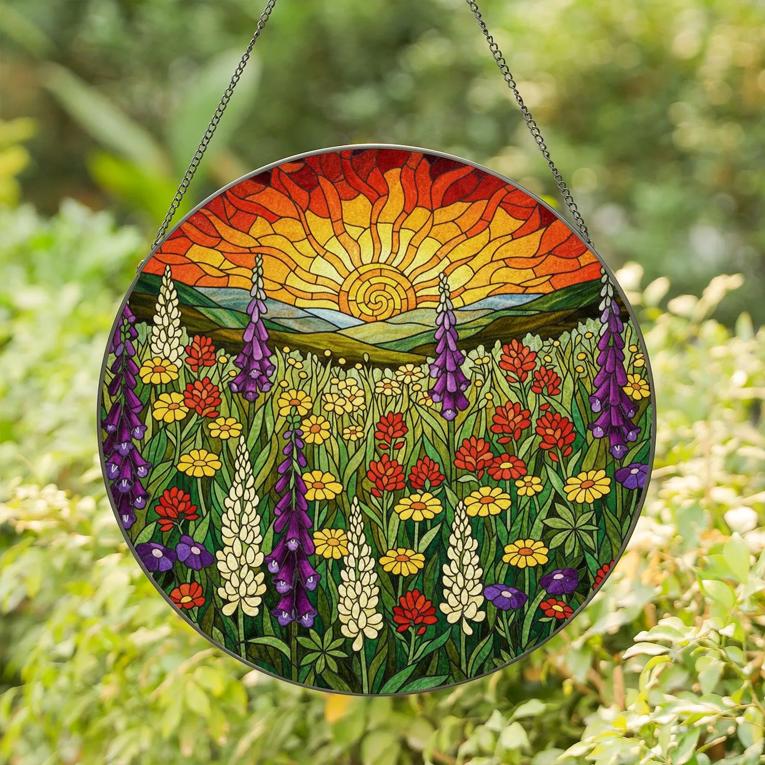 Intricate Stained Glass Wildflower Meadow & Glowing Sunset Sky - Home Art Decor Stained Glass Suncatcher - 1