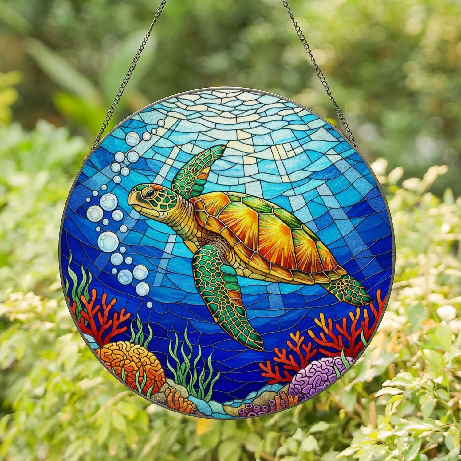 Sea Turtle Coral Reef Tiffany Stained Glass Art - Deep Ocean Water Marine Life Decor Stained Glass Suncatcher - 1