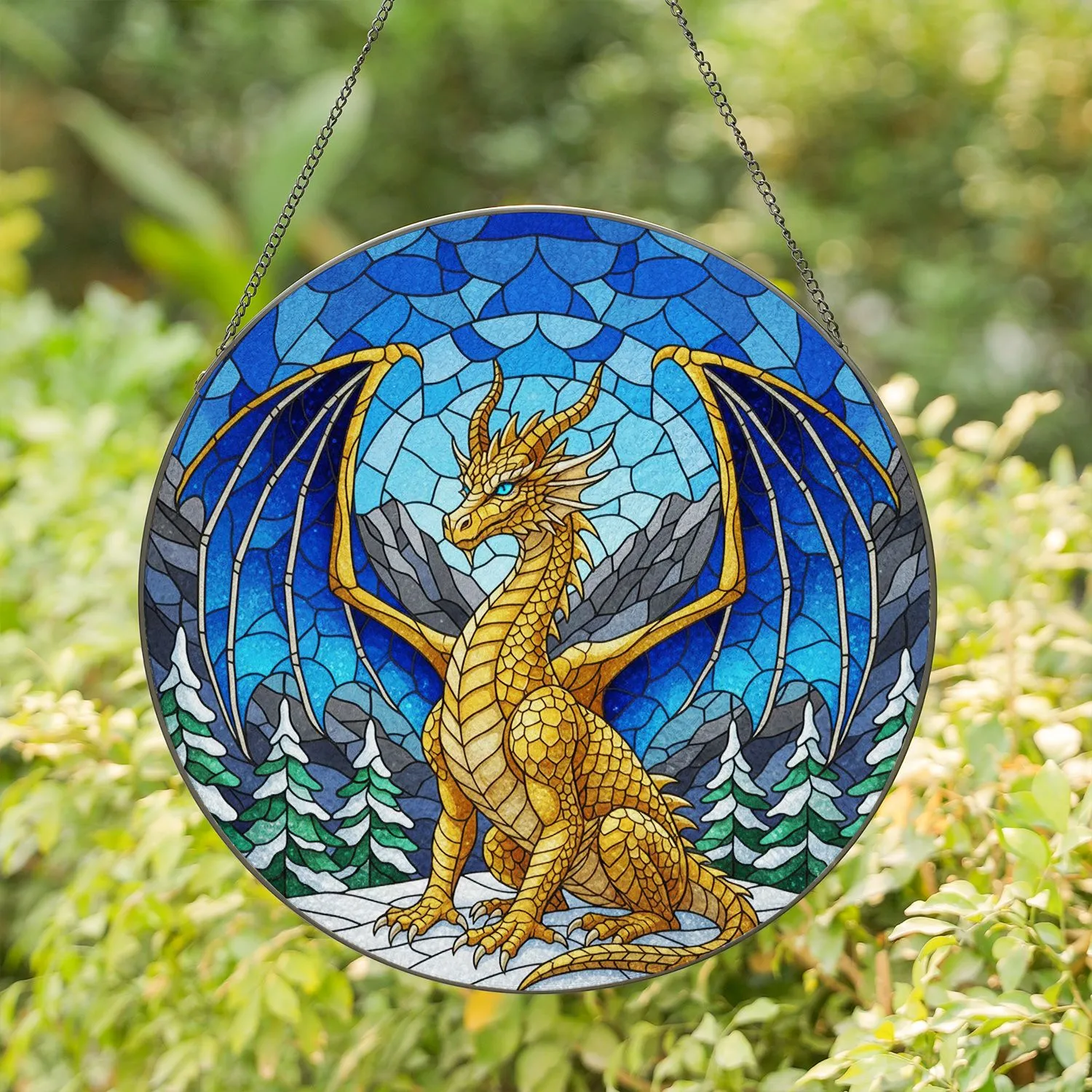 Golden Stained Glass Dragon Art - Winter Mountain Evergreen Pine Blue Eye Scene Stained Glass Suncatcher - 1