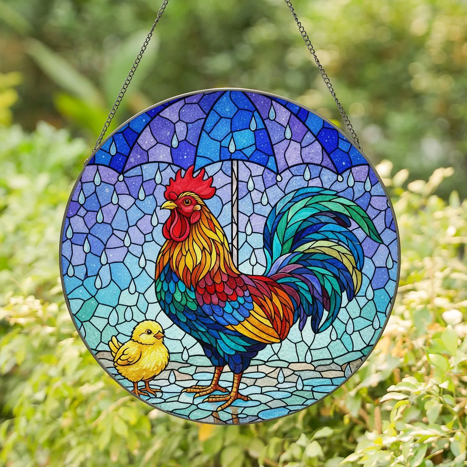 Detailed Rooster Chick Tiffany Stained Glass - Rainy Umbrella Scene Window Home Decor Stained Glass Suncatcher - 1