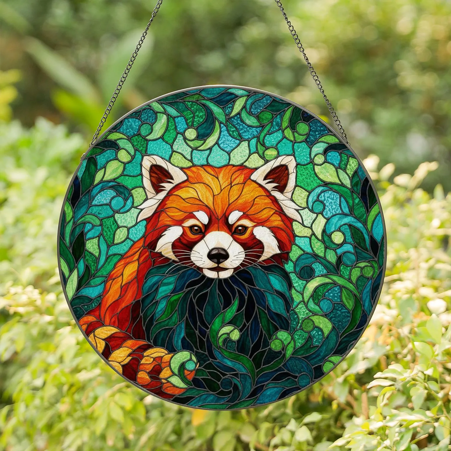 Red Panda Stained Glass, Tiffany Style Intricate Mosaic, Rich Glowing Jewel Tones Stained Glass Suncatcher - 1