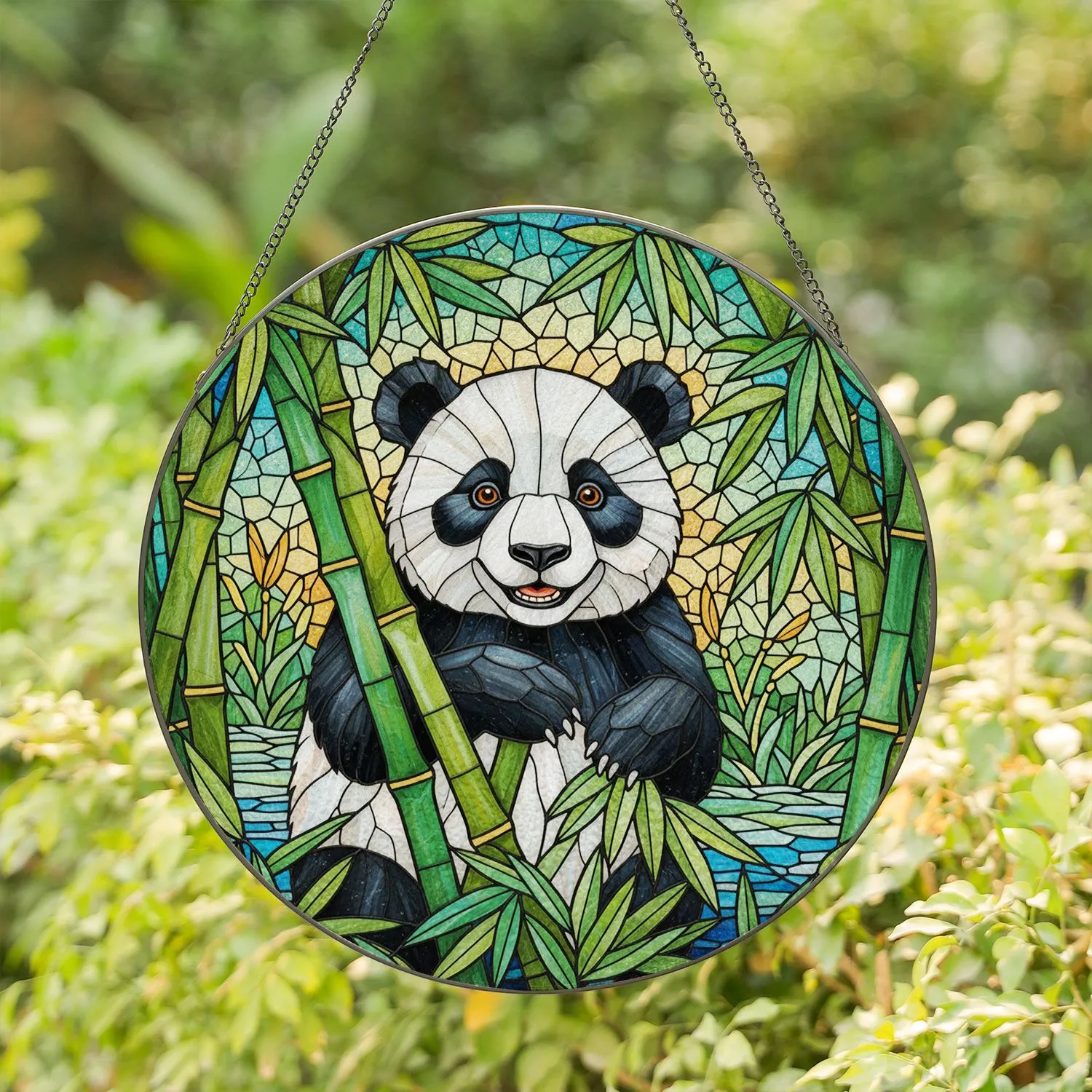 Highly Detailed Glowing Panda Bear Bamboo Stained Glass Tiffany Jewel Tone Mosaic Stained Glass Suncatcher - 1