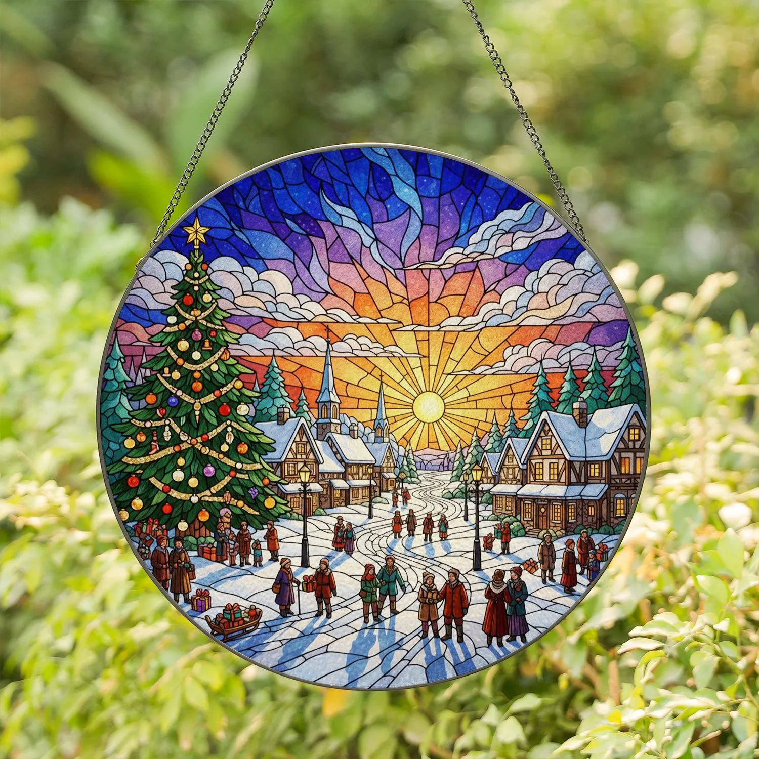 Snowy European Village Stained Glass Christmas Tree - Holiday Half-Timbered Houses Sunrise Sky Gift Stained Glass Suncatcher - 1