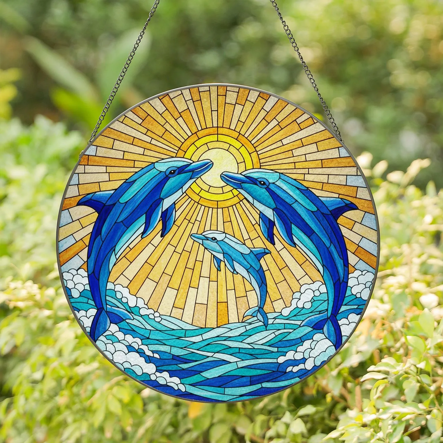 Three Dolphins Leaping Stained Glass Ocean Waves Radiant Sun Mosaic Jewel Tones Stained Glass Suncatcher - 1