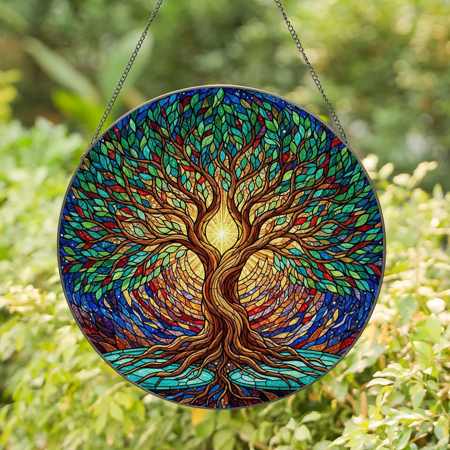 Stained Glass Tree of Life Tiffany Style Cosmic Sky Golden Starburst Leaves Design Stained Glass Suncatcher - 1