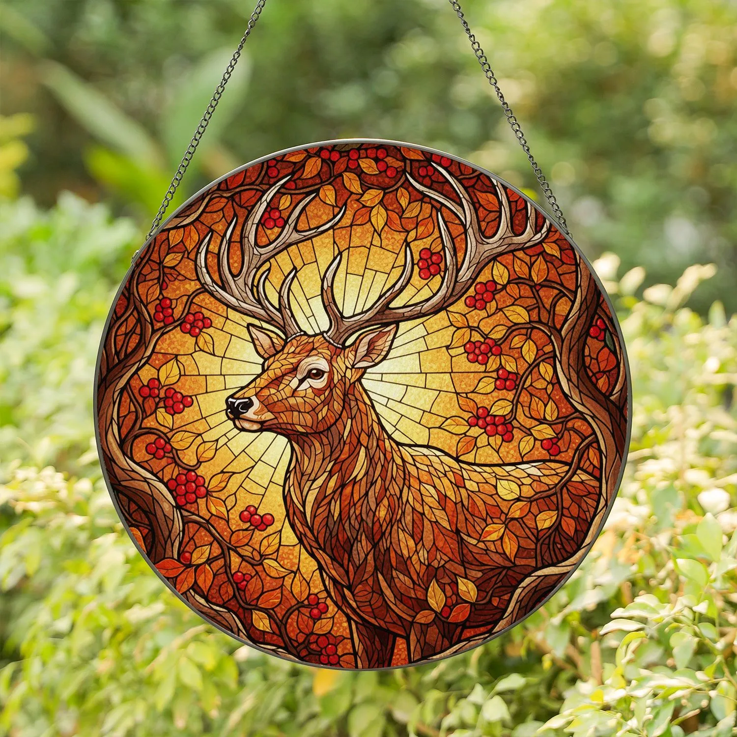 Majestic Stag Deer Antlers Autumn Leaves Stained Glass Mosaic - Fall Forest Art Stained Glass Suncatcher - 1