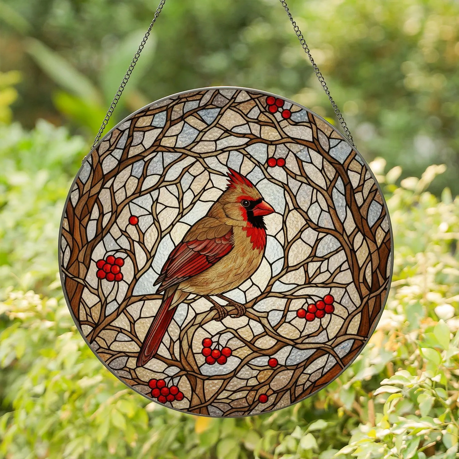 Northern Cardinal Stained Glass Mosaic Red Berries Bare Tree Branches - Tiffany Jewel Tone Art Stained Glass Suncatcher - 1