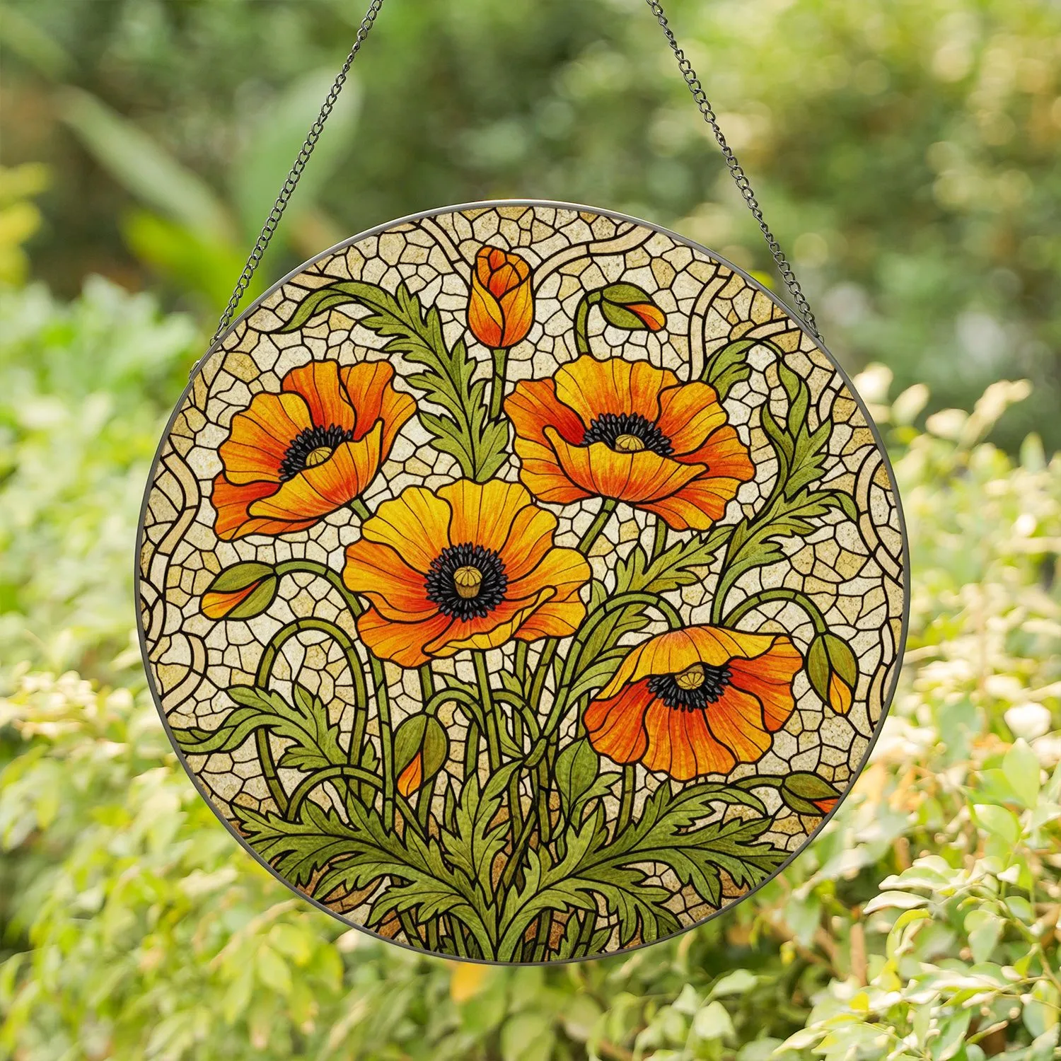 Poppy Flowers Stained Glass Mosaic Art – Fiery Orange Yellow Green Floral Home Decor Stained Glass Suncatcher - 1