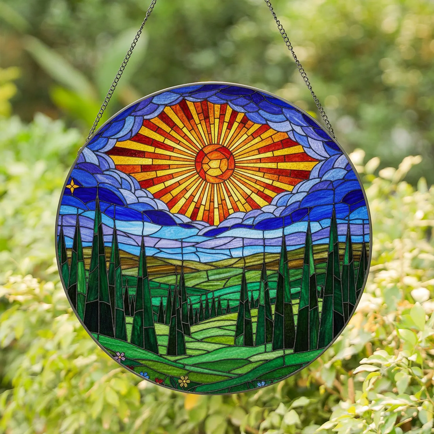 Tiffany Sun Stained Glass Art, Coniferous Trees, Rolling Hills, Clouds, Skyscape Stained Glass Suncatcher - 1