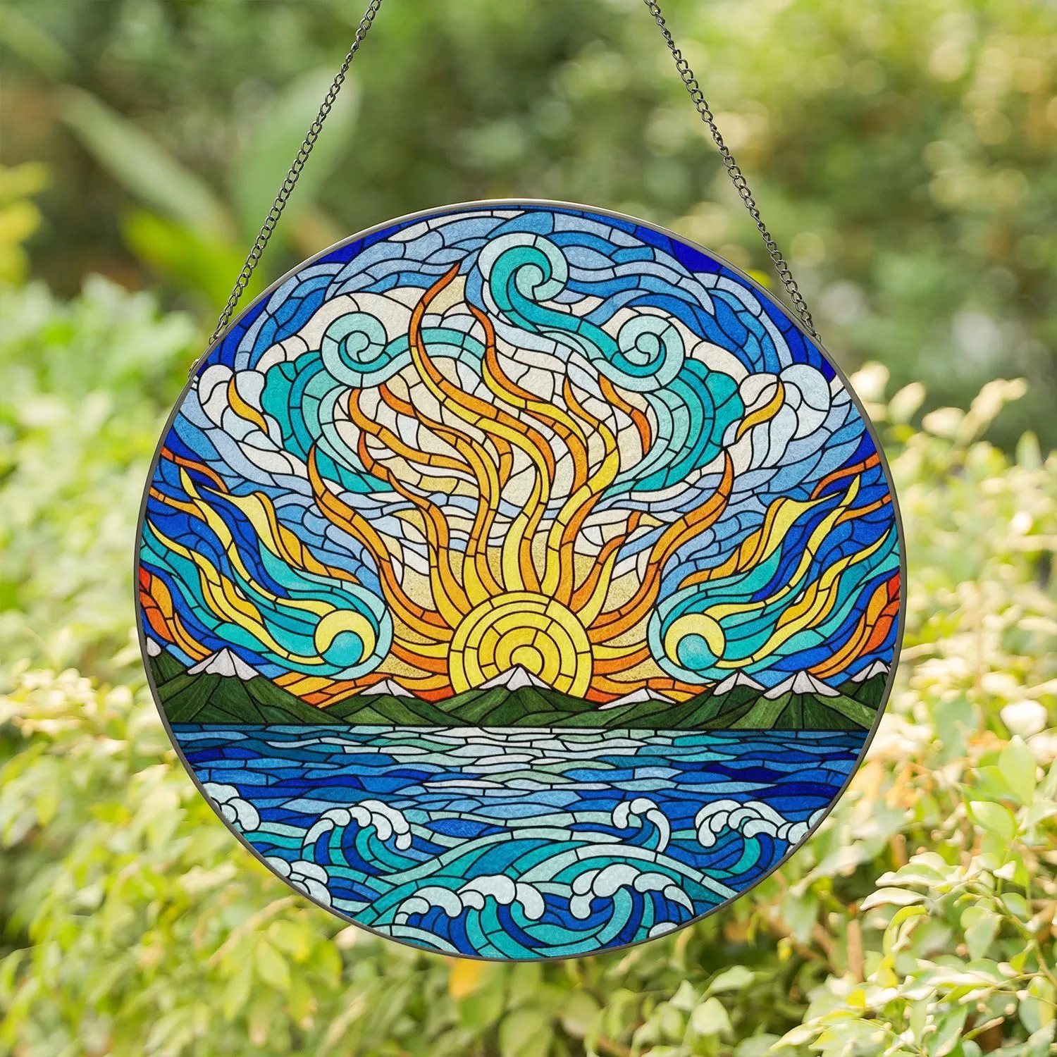 Tiffany Stained Glass Three Suns Ocean Mountain Mosaic Art - Swirling Sky Home Decor Stained Glass Suncatcher - 1