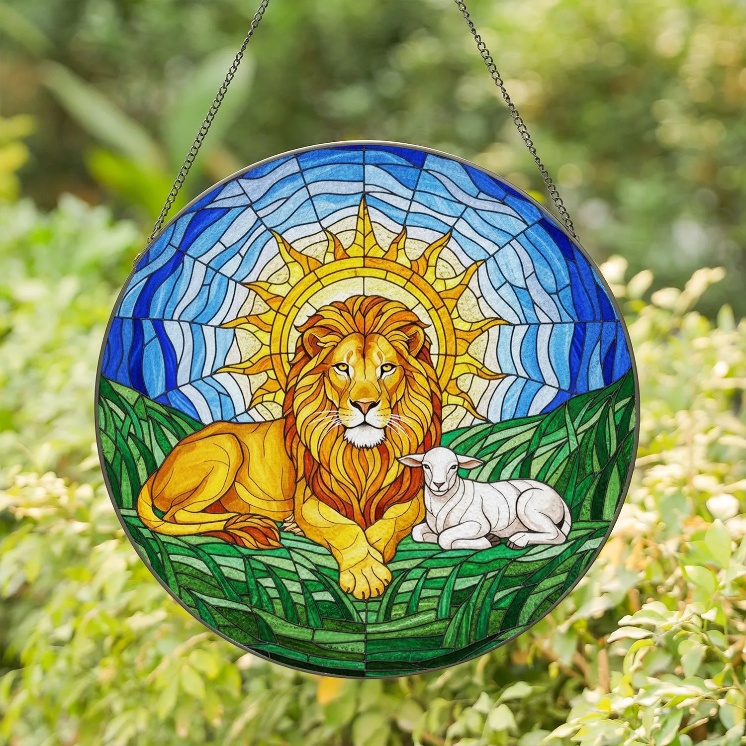 Majestic Lion & Lamb Stained Glass Art - Tiffany Jewel Tone Peace Harmony Design Stained Glass Suncatcher - 1