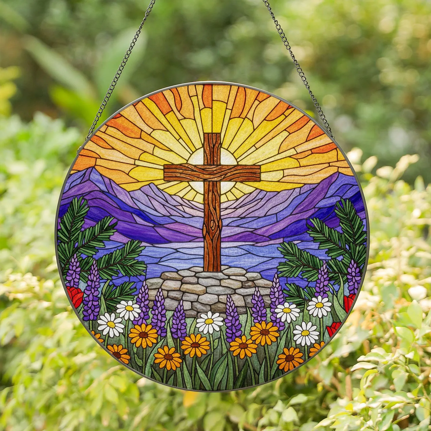 Wooden Cross Mountain Wildflowers Sunrise - Stained Glass Tiffany Art Home Decor Gift Stained Glass Suncatcher - 1