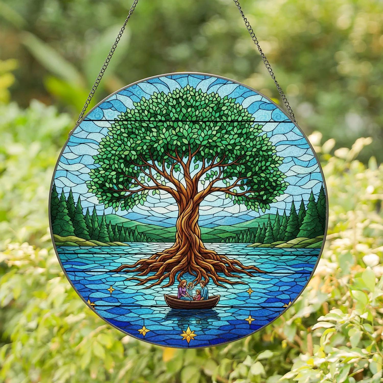 Family Tree of Life Stained Glass Art - Tiffany Style Emerald Sapphire Jewel Tones Gift Stained Glass Suncatcher - 1