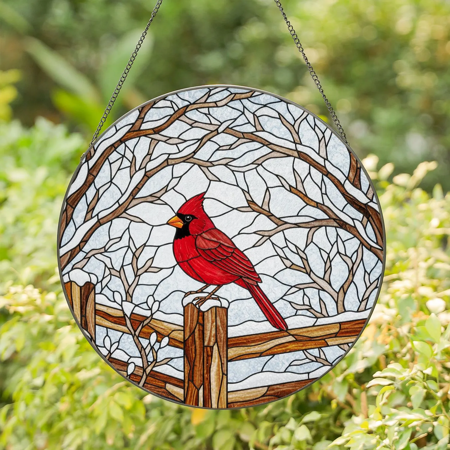 Red Cardinal on Snow Covered Fence Post - Tiffany Stained Glass Winter Home Decor Gift Stained Glass Suncatcher - 1