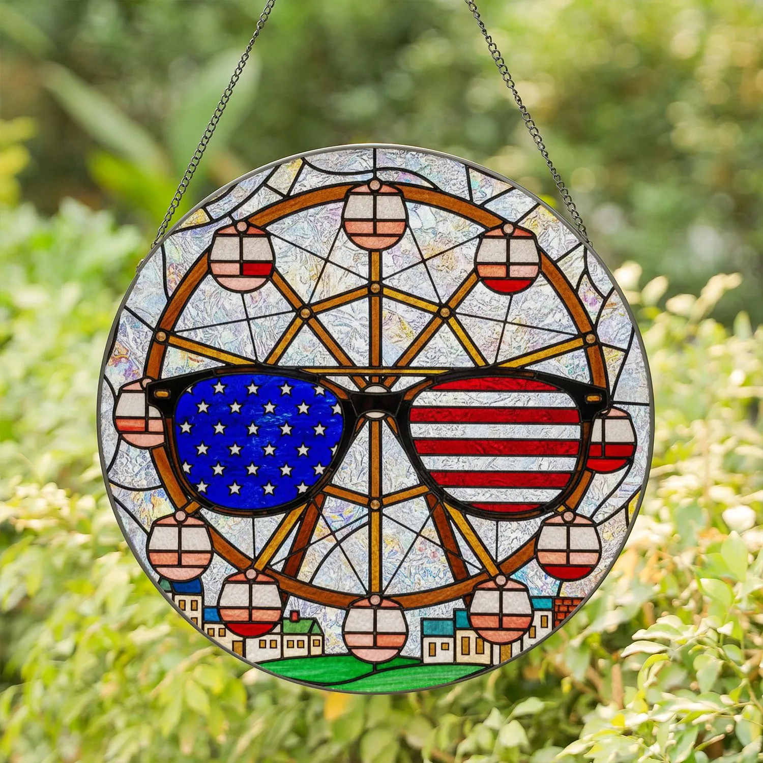 American Flag Sunglasses Ferris Wheel Townscape - Tiffany Glass Style Jewel Tones Stained Glass Suncatcher - 1