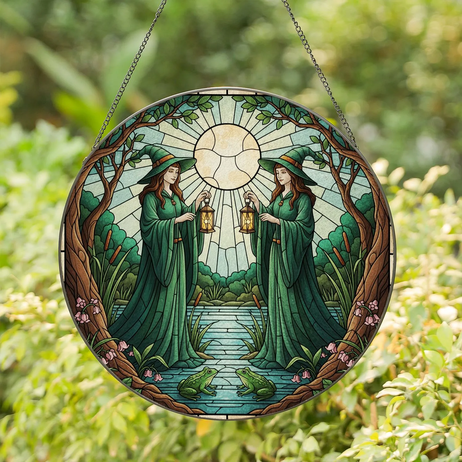 Tiffany Style Witches Frogs Moon Wetland Scene - Glowing Jewel Tone Stained Glass Stained Glass Suncatcher - 1