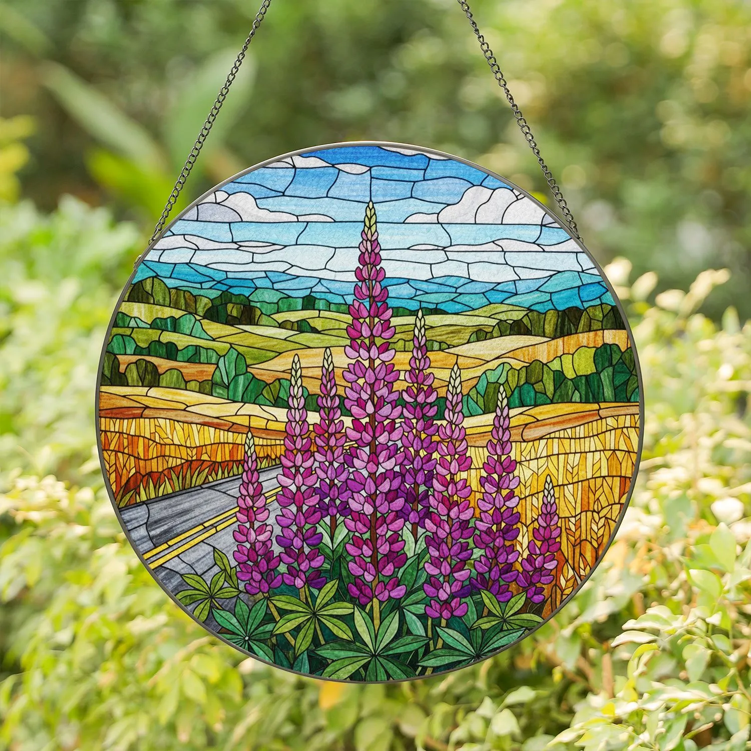 Vibrant Lupine Flowers Road Wheat Fields Tiffany Stained Glass Rolling Hills Gift Stained Glass Suncatcher - 1