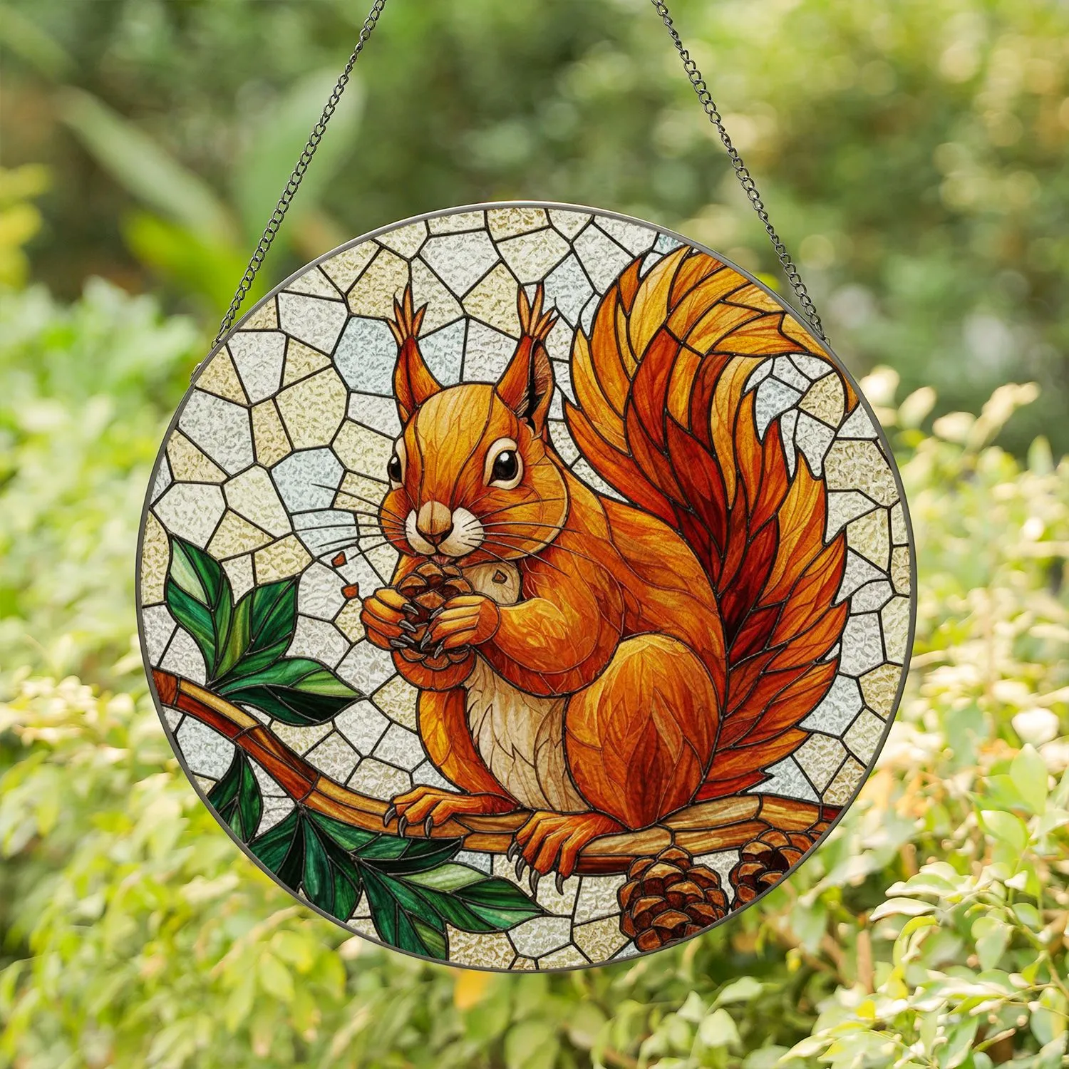 Squirrel Stained Glass Suncatcher with Pinecones & Leafy Branch - Tiffany Style Wildlife Art - 1