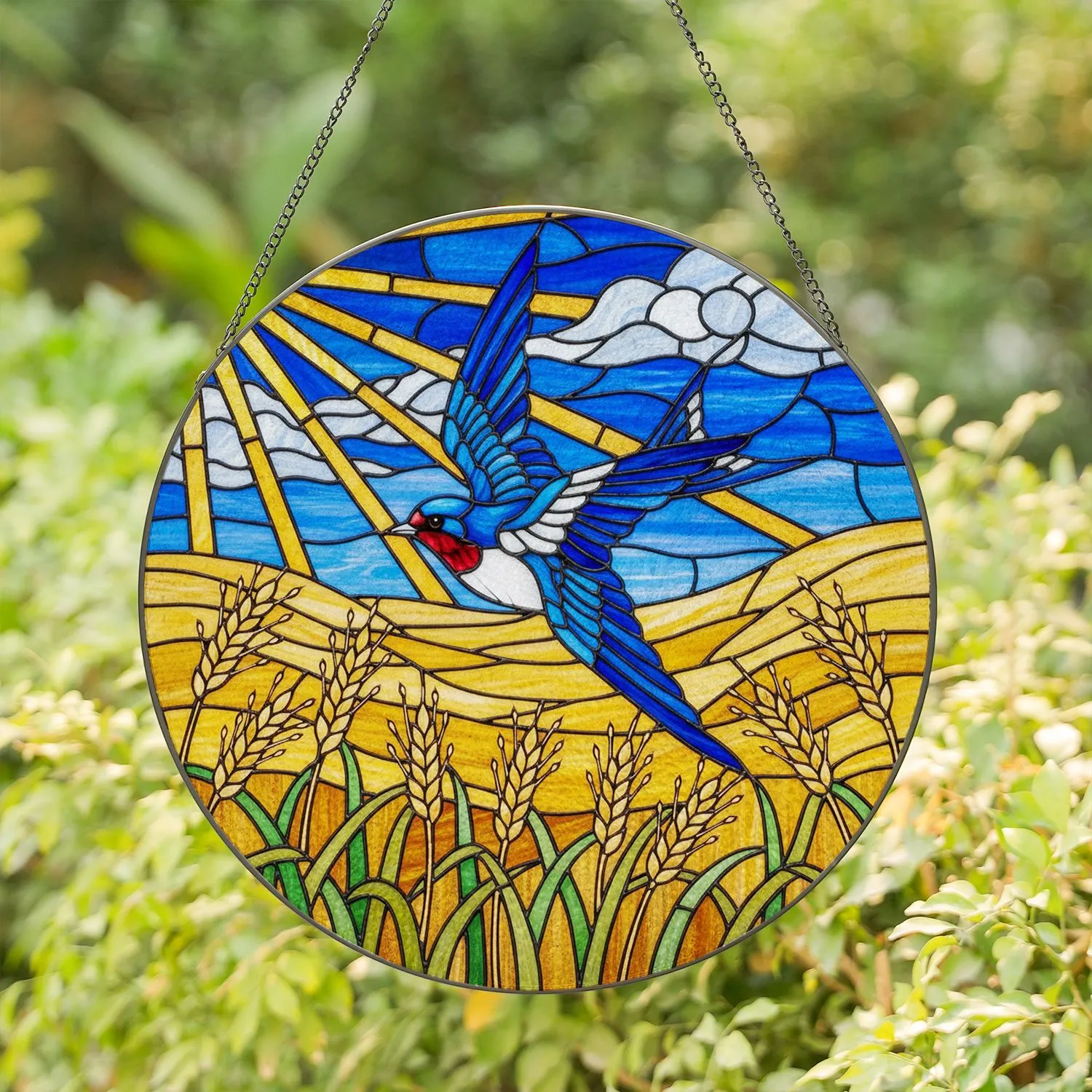Blue Swallow Songbird Stained Glass Art, Radiant Sun & Wheat Field Mosaic Scene Stained Glass Suncatcher - 1