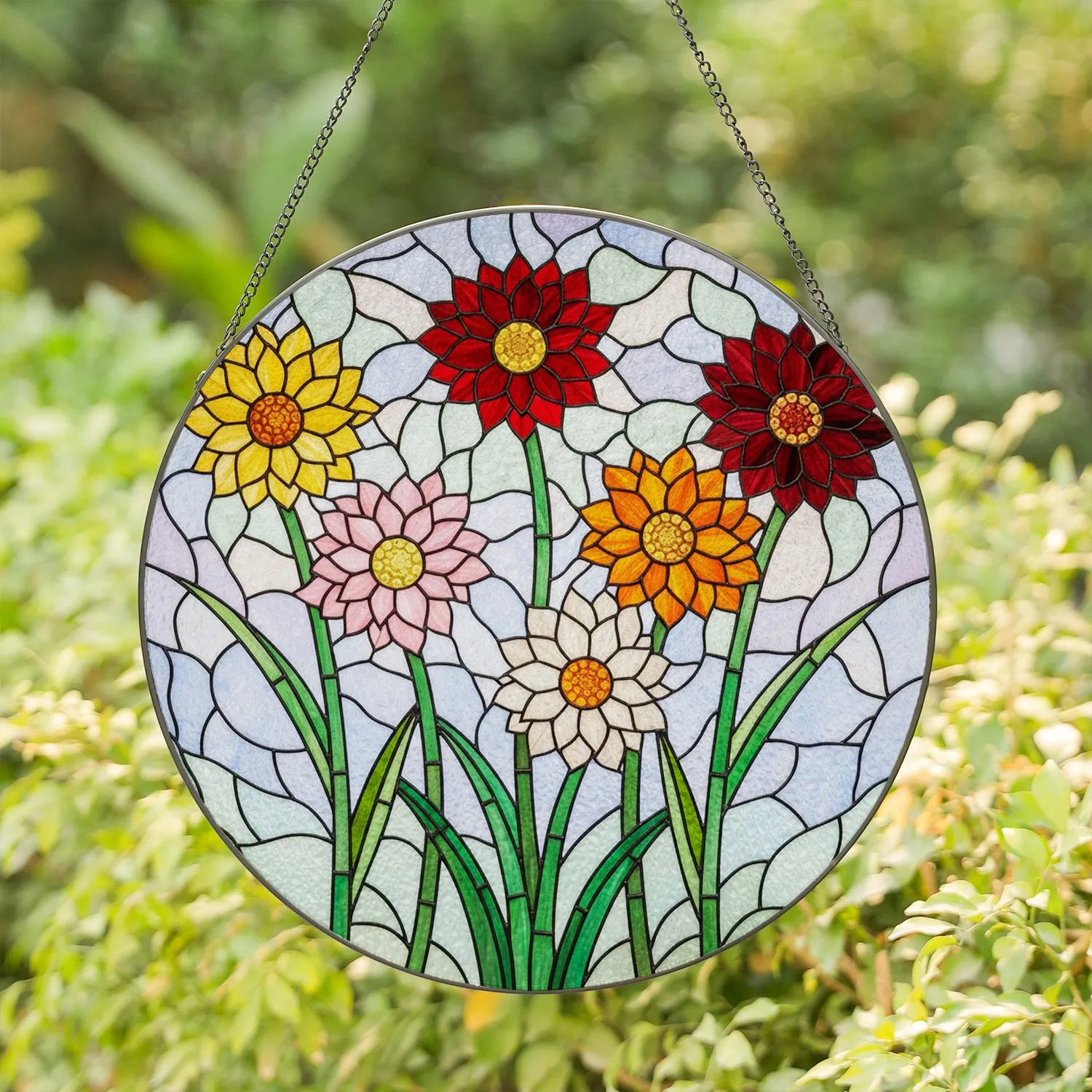 Stained Glass Floral Bouquet Dahlia Zinnia Flowers - Tiffany Style Mosaic Jewel Tone Art Stained Glass Suncatcher - 1