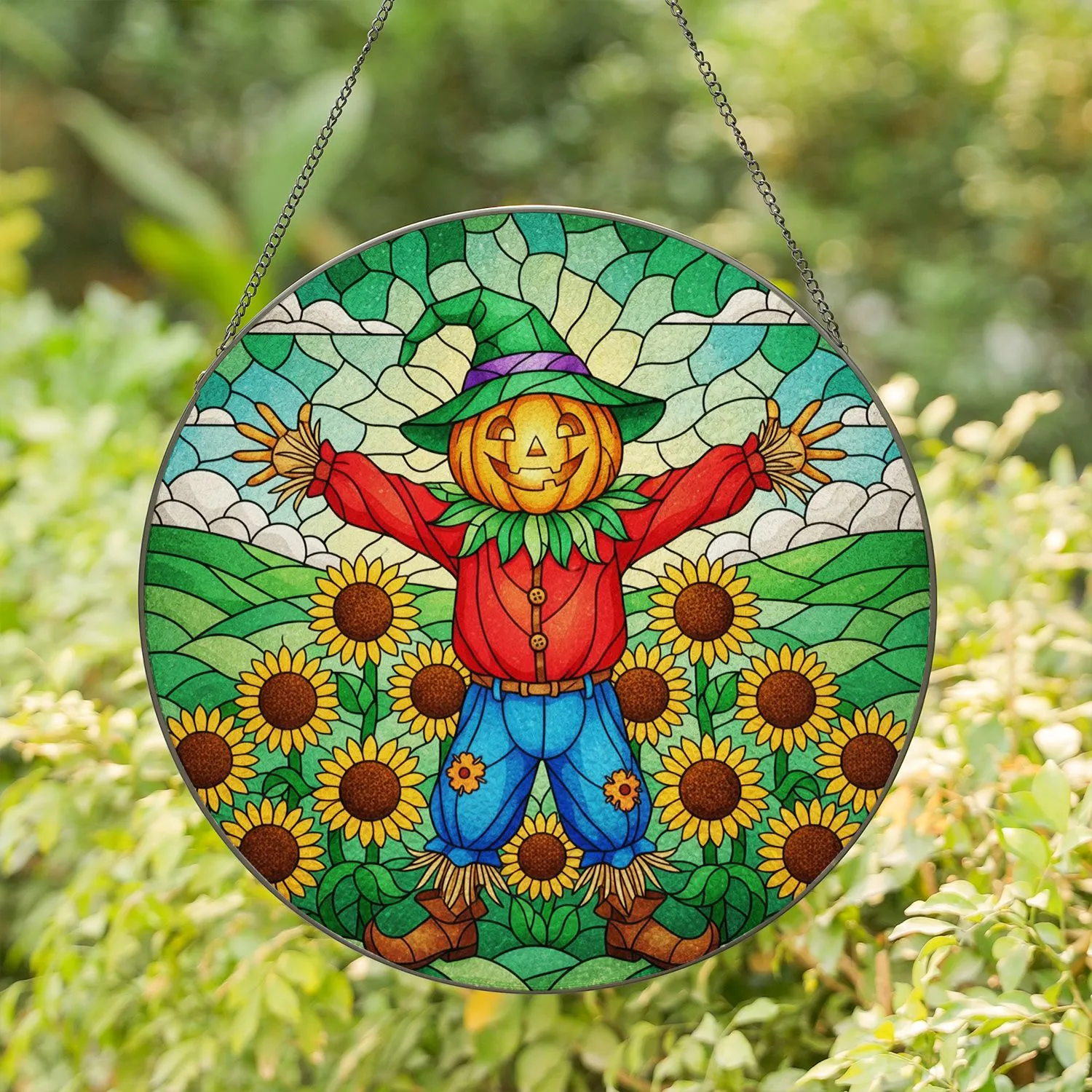 Friendly Scarecrow Jack-o'-lantern Sunflowers Stained Glass Tiffany Style Autumn Decor Stained Glass Suncatcher - 1