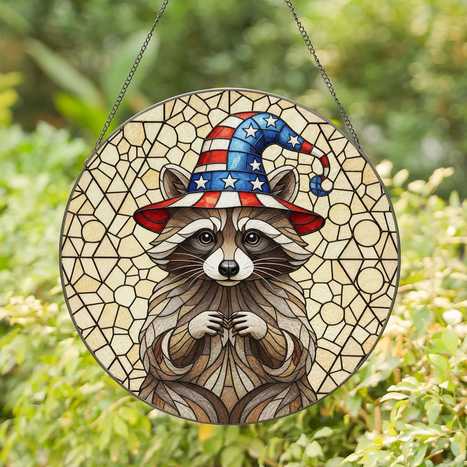 Patriotic Raccoon Wizard Hat Tiffany Glass Mosaic - American Pride Window Decor Stained Glass Suncatcher - 1