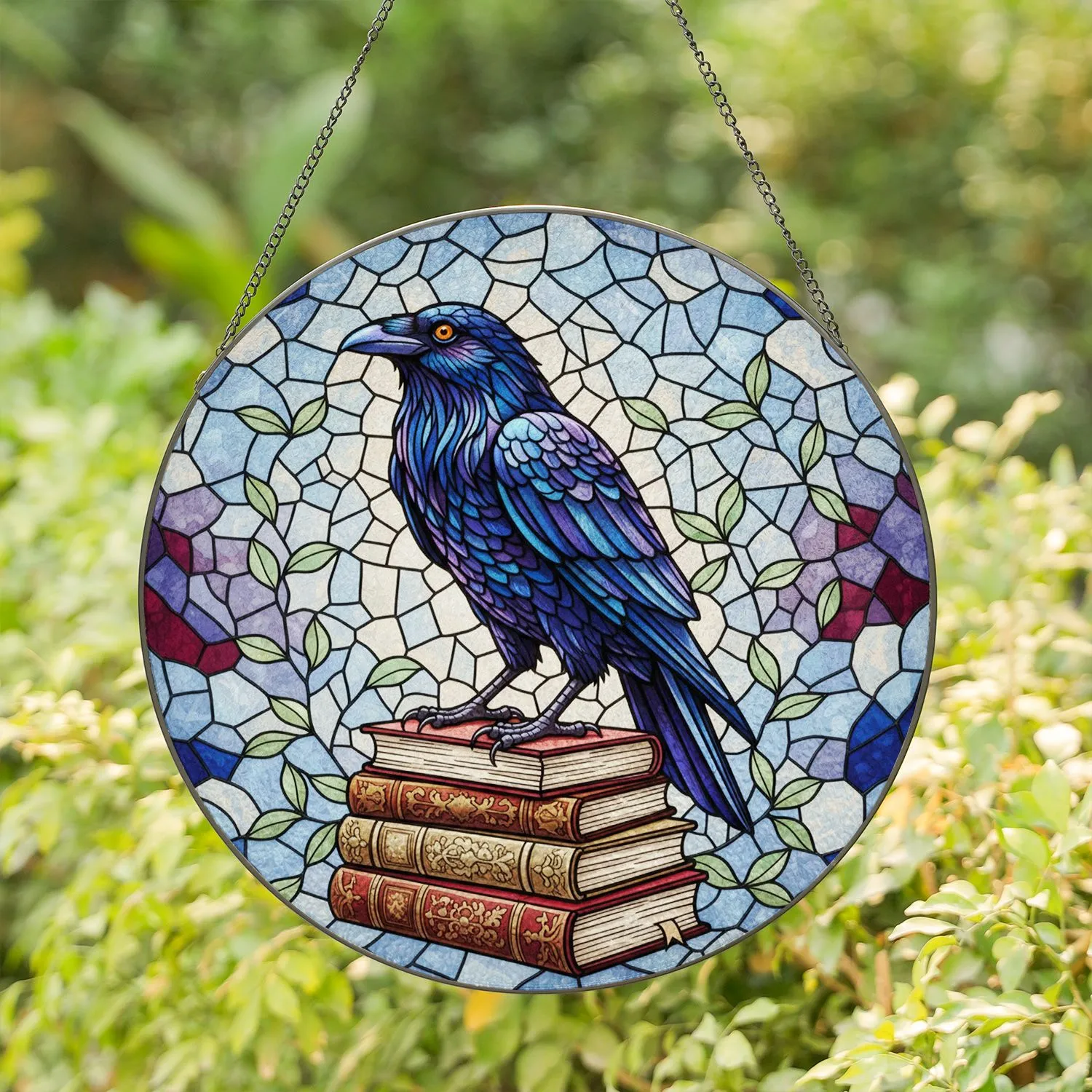 Iridescent Raven Dark Blue Purple Stained Glass Books Tiffany Mosaic Branches Leaves Stained Glass Suncatcher - 1
