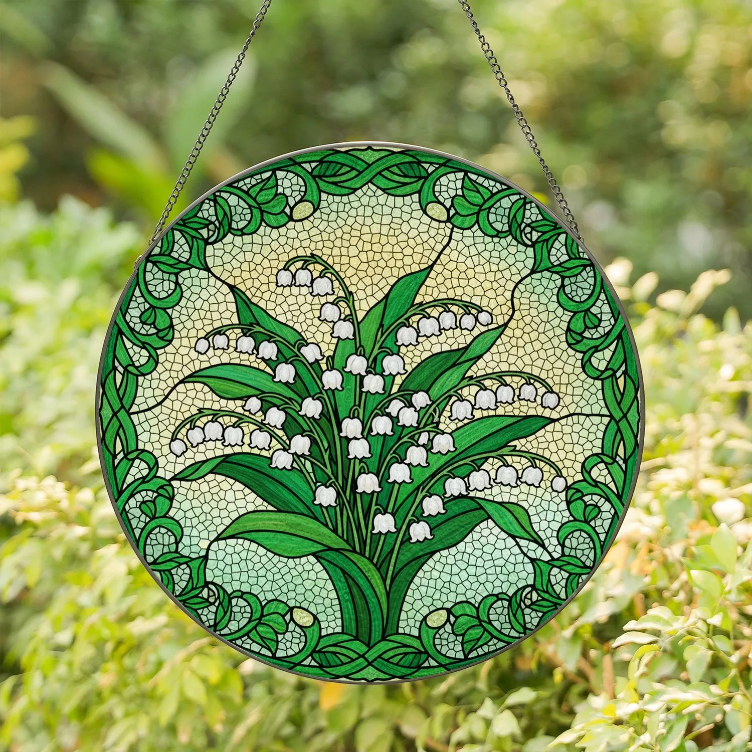 Lily of the Valley Stained Glass Tiffany Style Iridescent Jewel Tones Botanical Mosaic Stained Glass Suncatcher - 1