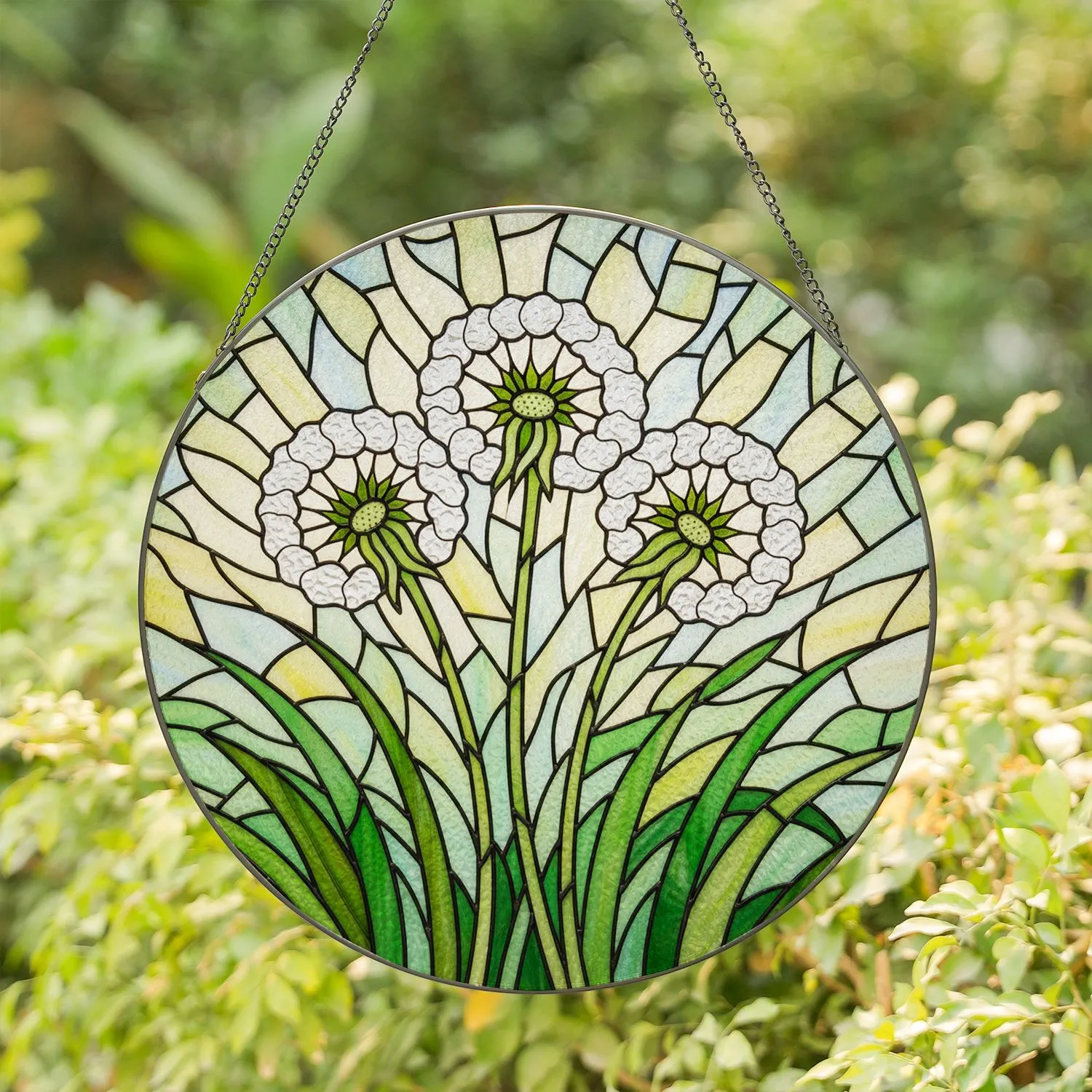 Dandelion Seed Heads Emerald Green Stained Glass - Tiffany Style Luminous Mosaic Art Stained Glass Suncatcher - 1