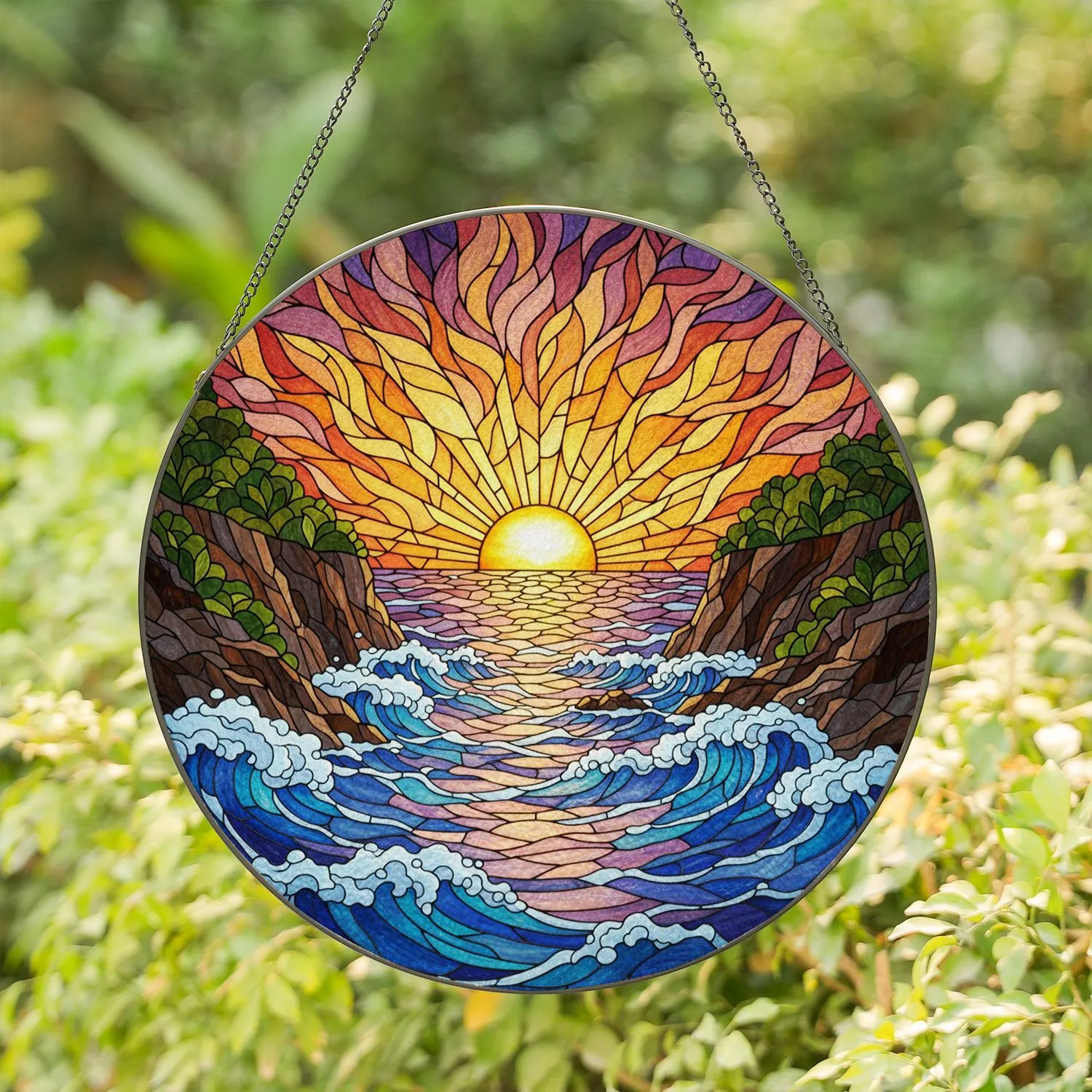 Tiffany Glass Turbulent Ocean Waves Sunset Sea Cliffs - Jewel Tone Coastal Wall Decor Stained Glass Suncatcher - 1