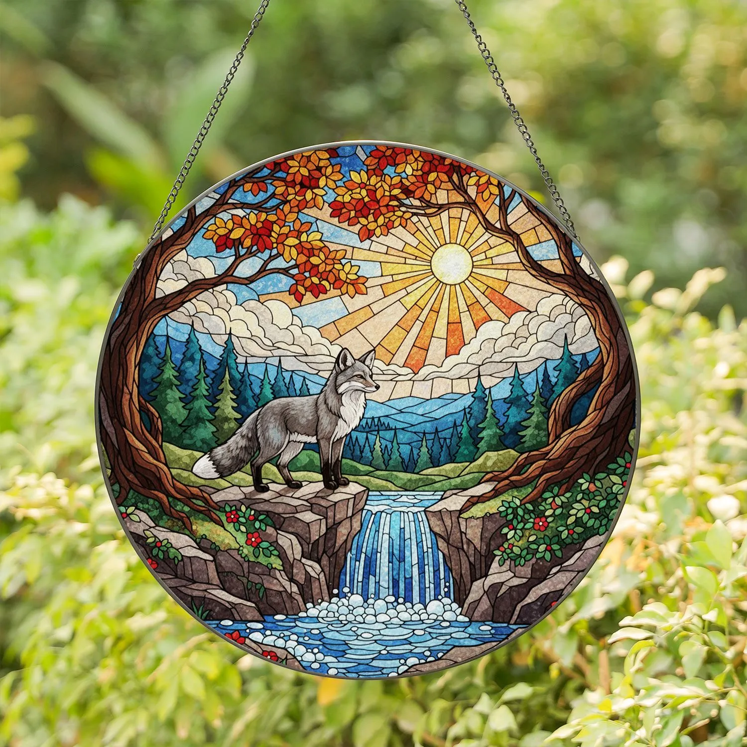 Stained Glass Fox Waterfall Forest Landscape Autumn Trees Radiant Sun Design Stained Glass Suncatcher - 1