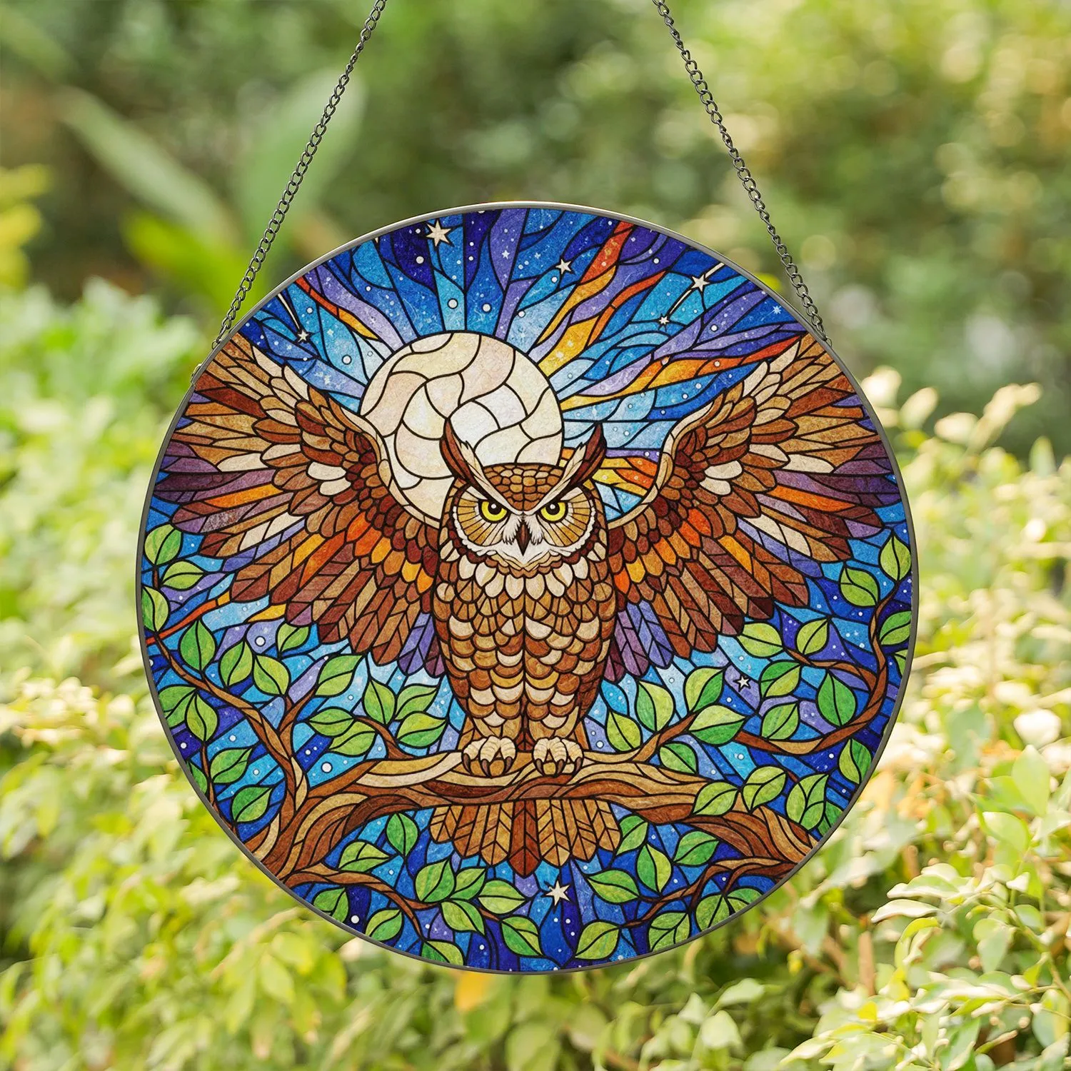 Great Horned Owl Spread Wings Full Moon Celestial Night Sky Stained Glass Mosaic Art Stained Glass Suncatcher - 1