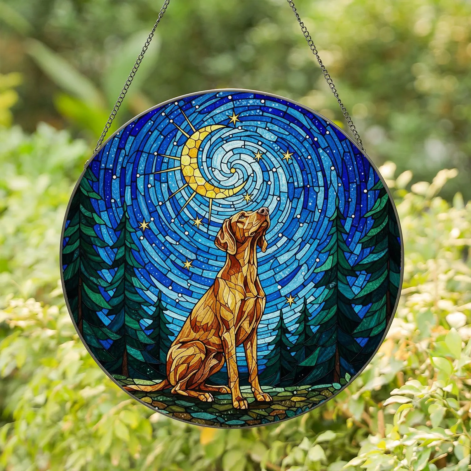 Vizsla Dog Stained Glass Celestial Night Sky Moon Stars Pine Forest Scene Stained Glass Suncatcher - 1