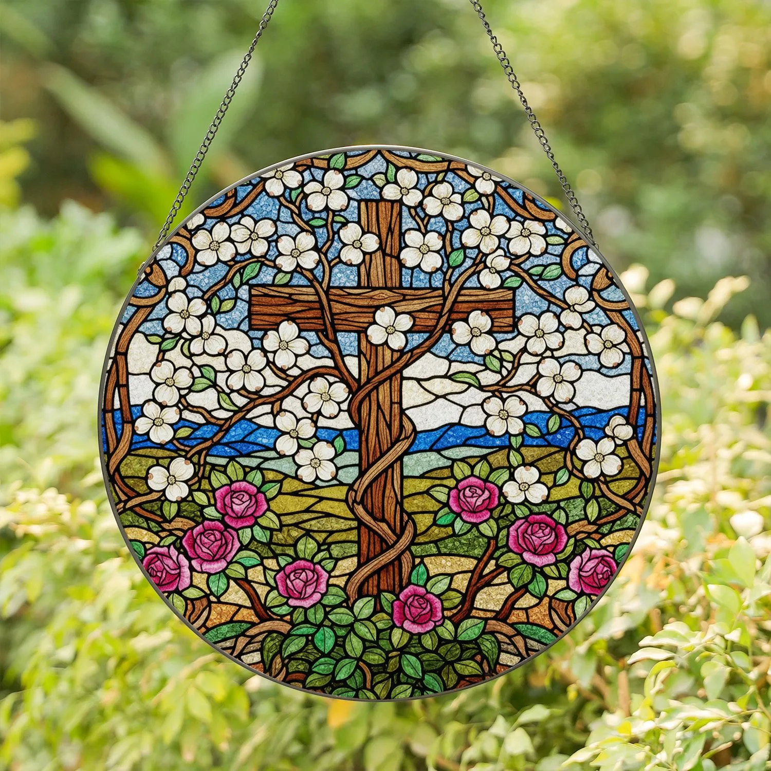 Tiffany Style Cross Dogwood Roses Mountain Landscape Stained Glass - Jewel Tones Stained Glass Suncatcher - 1