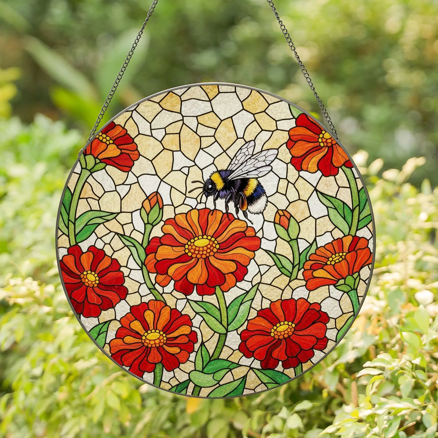 Fuzzy Bumblebee Pollinating Zinnia Flowers Stained Glass Tiffany Style Sunlit Decor Stained Glass Suncatcher - 1