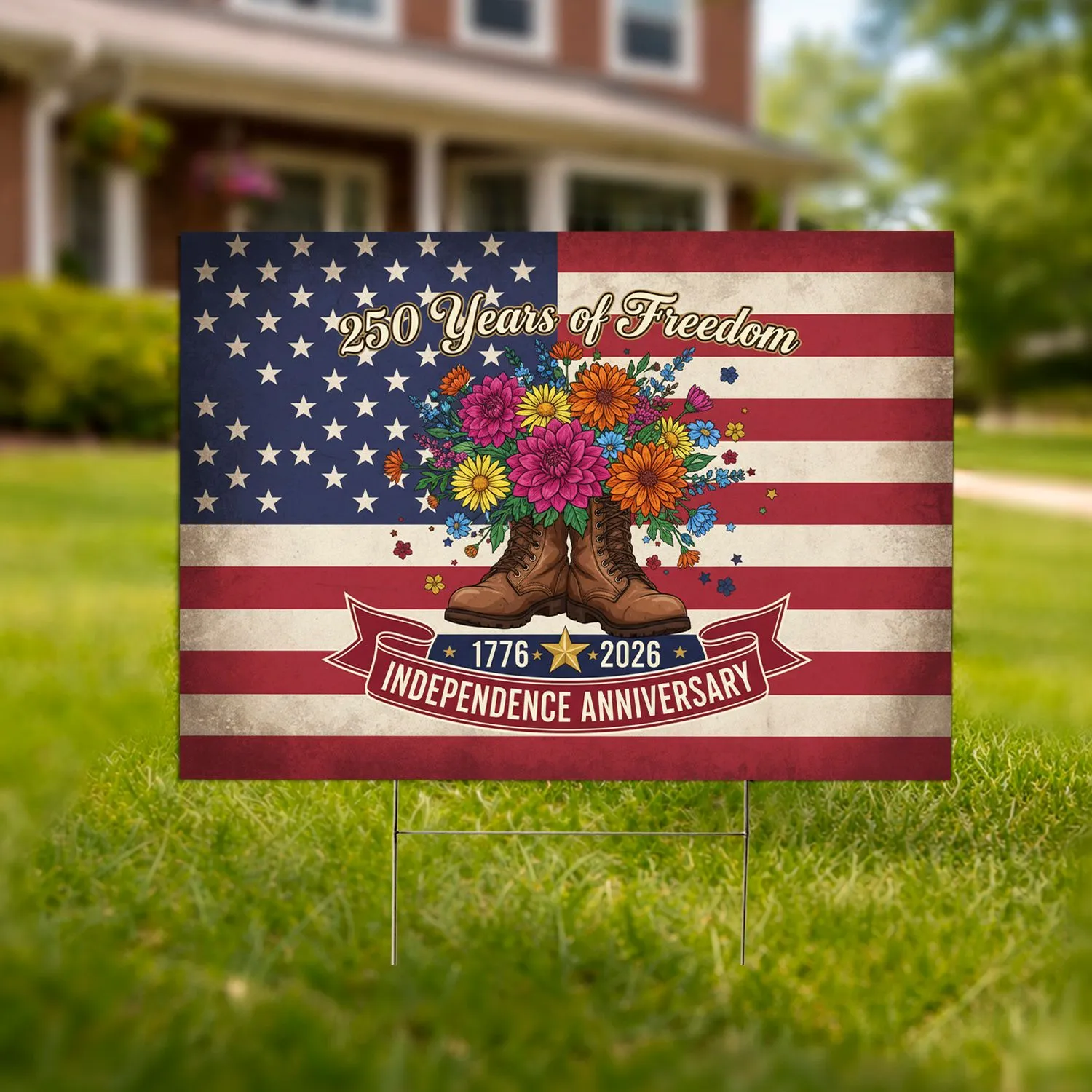 Weathered Boots Floral Flag 1776-2026 - USA 250 Years of Freedom Independence Anniversary Yard Sign - 1