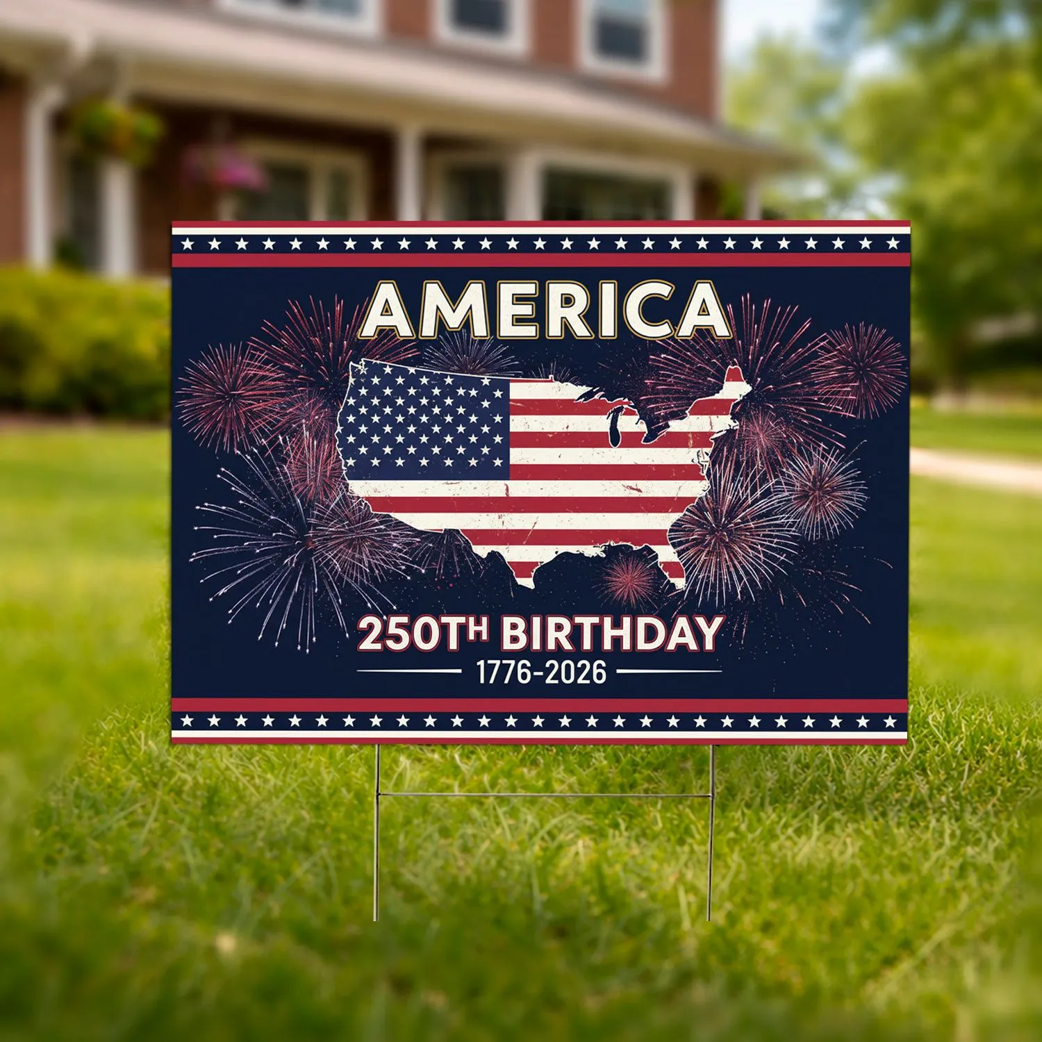 USA Map Flag Fireworks Patriotic America 250th Birthday 1776-2026 Commemoration Yard Sign - 1