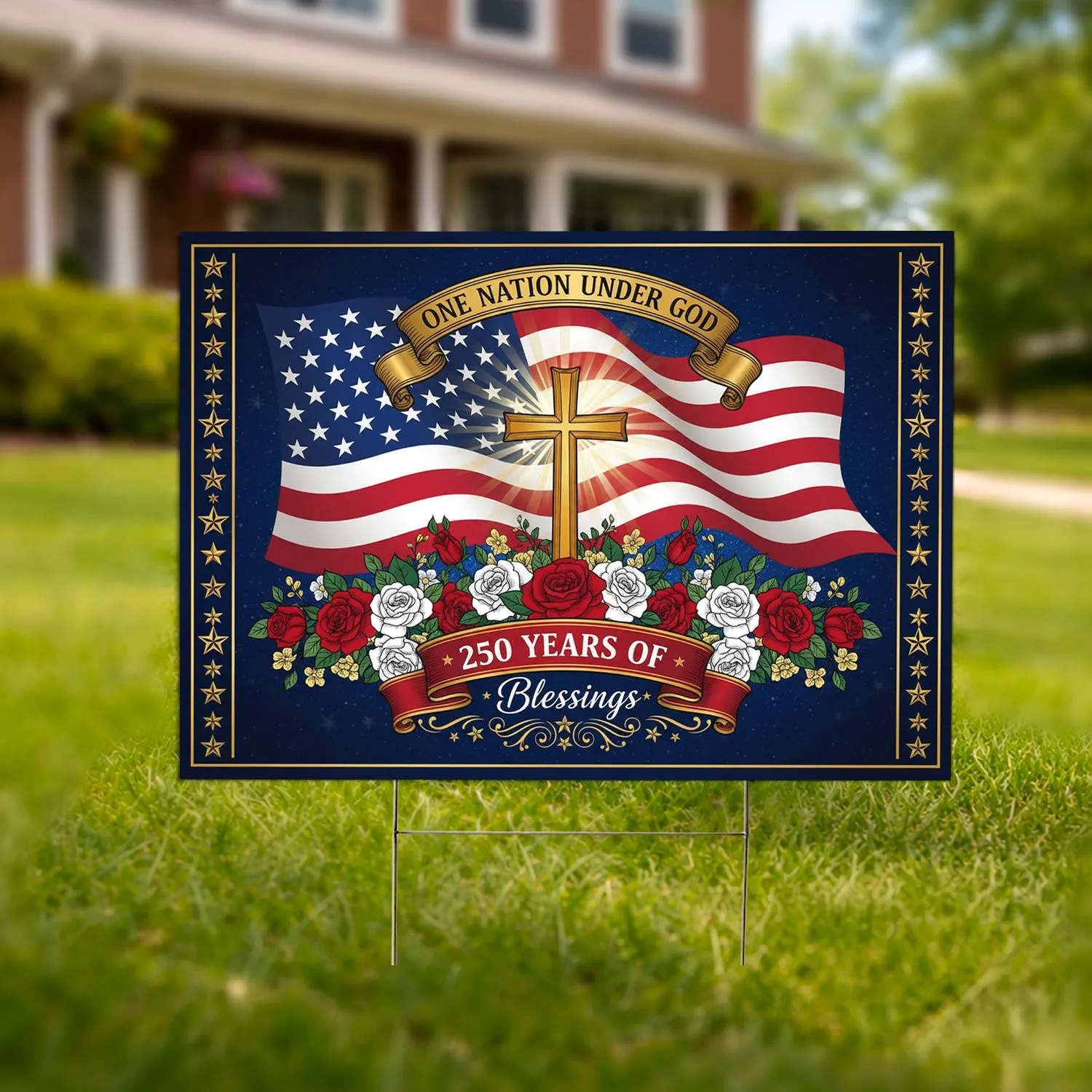 Golden Cross American Flag 1776-2026 - USA One Nation Under God 250th Anniversary Yard Sign - 1