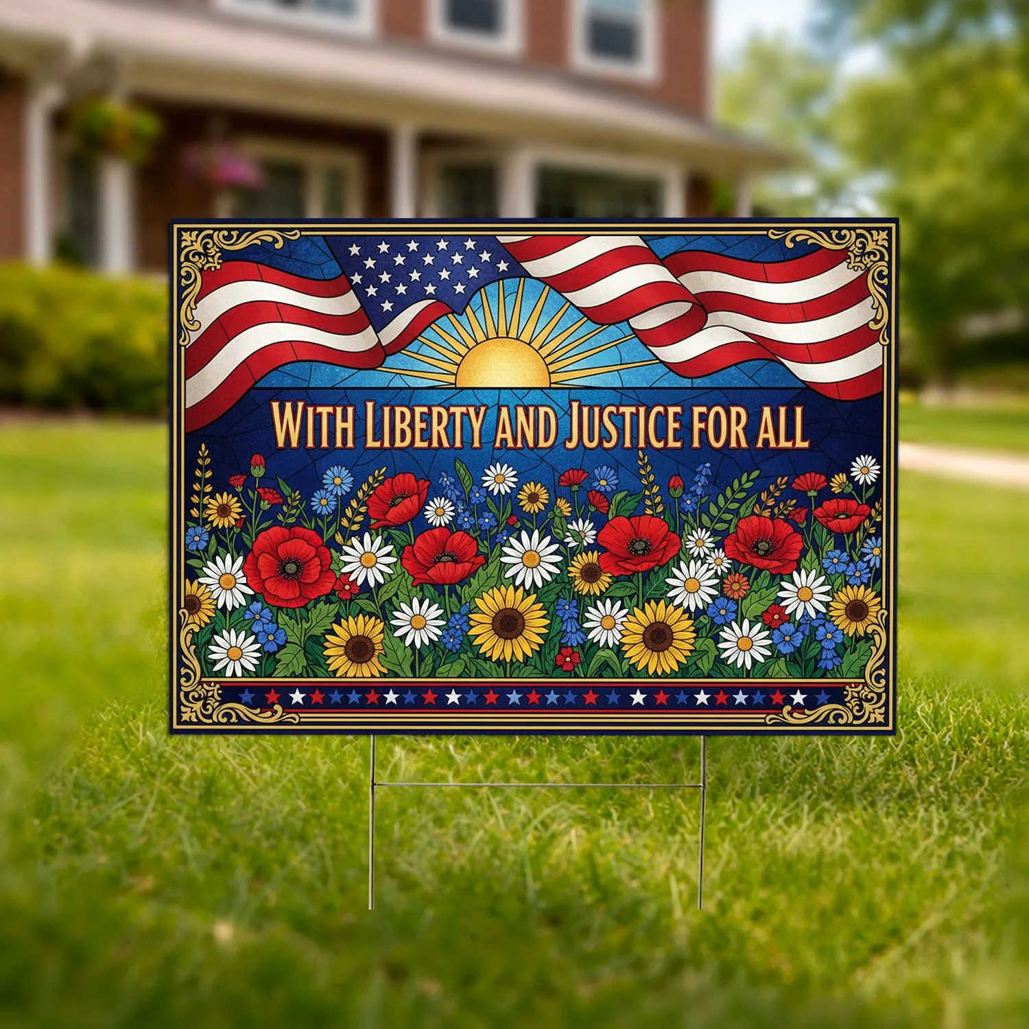 American Flag Rising Sun Wildflowers Patriotic - USA 250th Anniversary Liberty Justice Art Yard Sign - 1