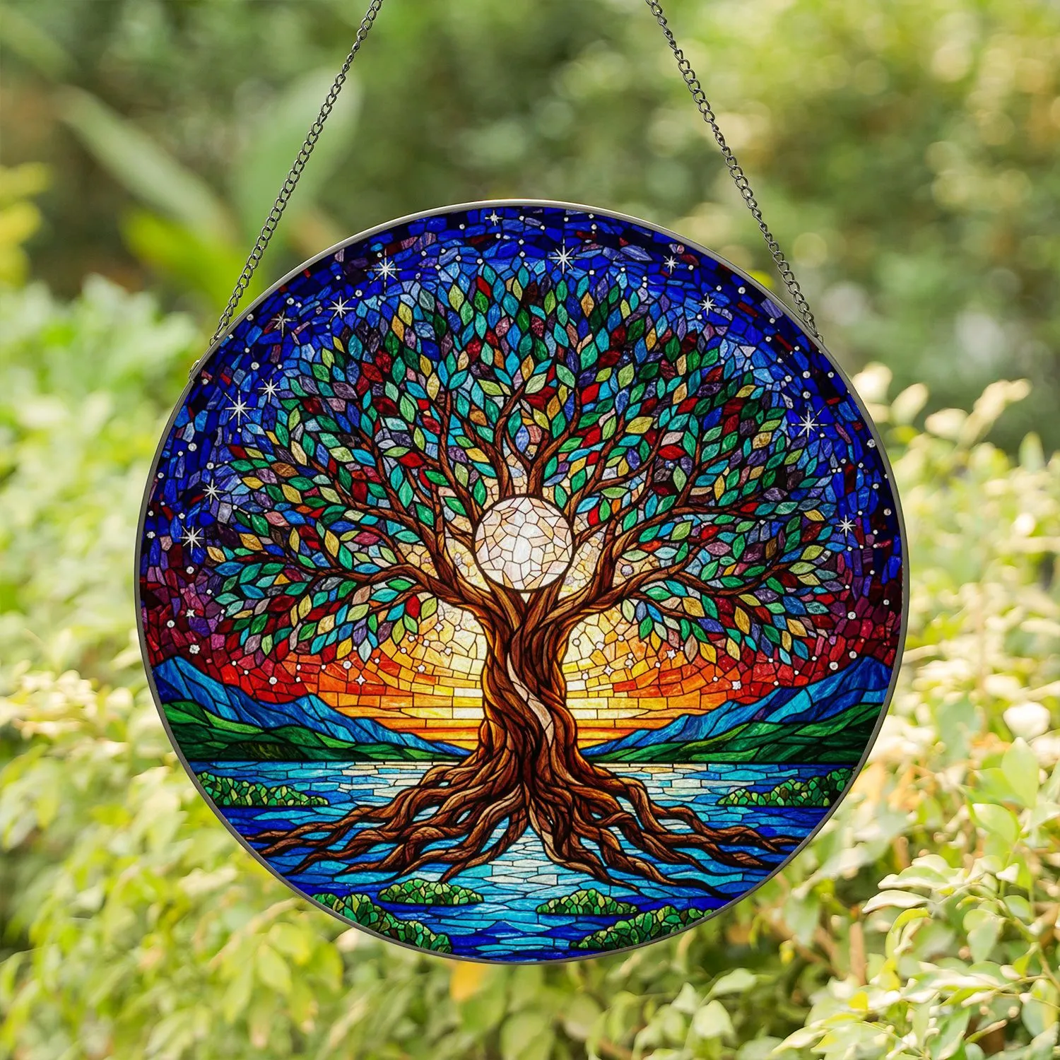 Majestic Stained Glass Tree of Life Cosmic Sky Sunset Mountains Water Moss Jewel Tones Stained Glass Suncatcher - 1