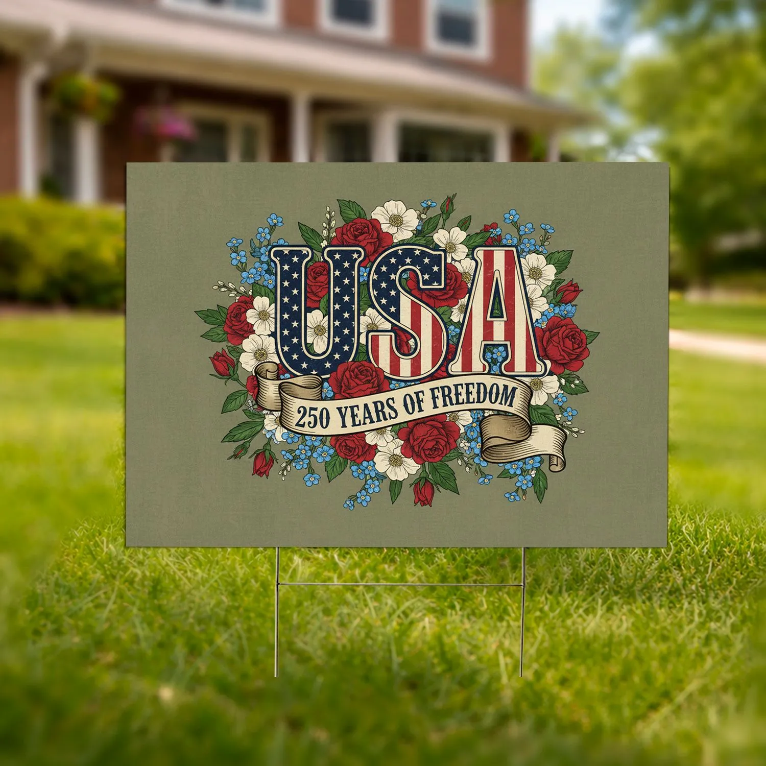 Distressed USA 250th Anniversary Patriotic Floral - 1776-2026 Freedom Celebration Yard Sign - 1
