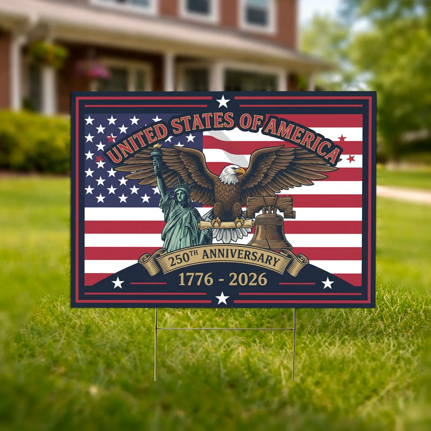 Statue of Liberty Bald Eagle Liberty Bell American Flag - USA 250th Anniversary 1776-2026 Yard Sign - 1
