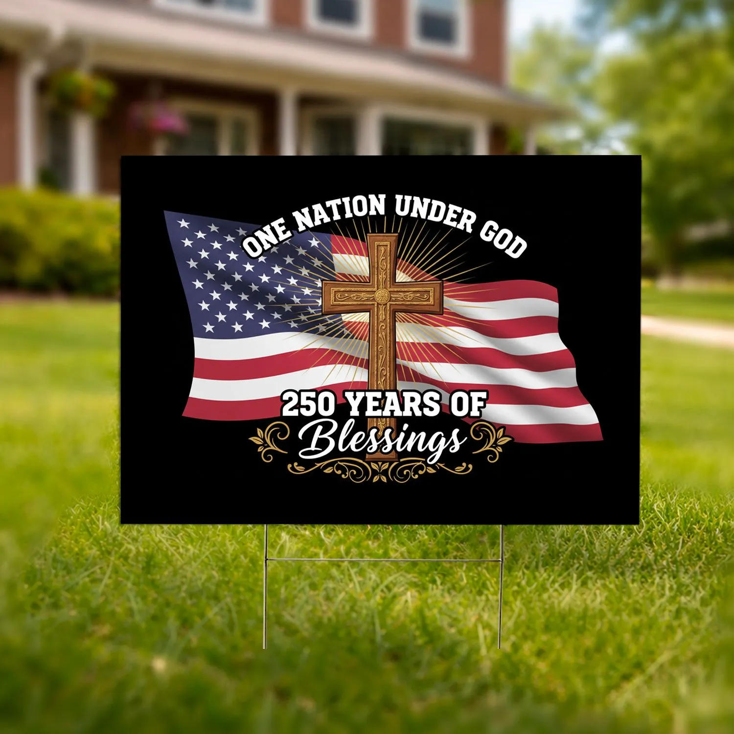 American Flag Cross 'One Nation Under God' - USA 250th Anniversary Blessings 1776-2026 Yard Sign - 1