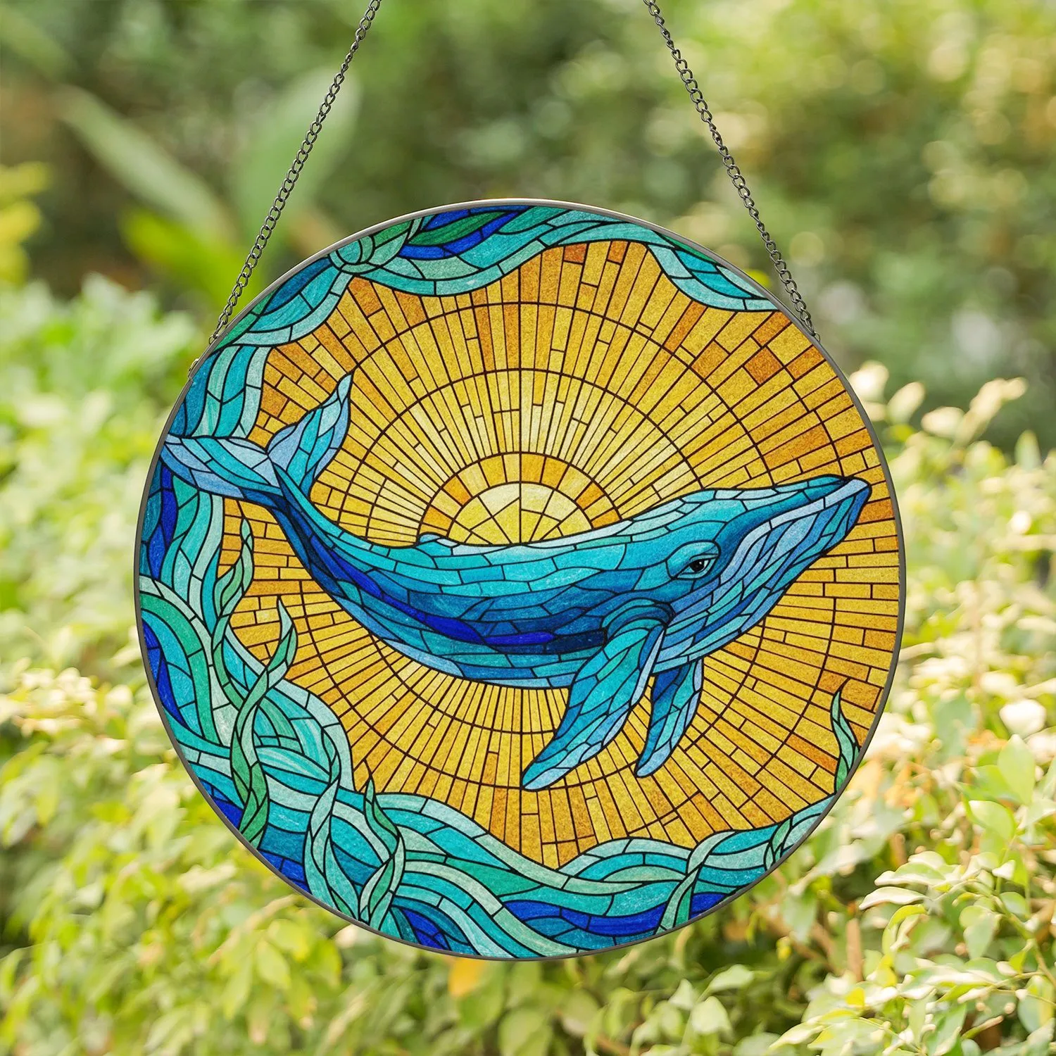 Majestic Blue-Green Whale Mosaic with Golden Sunburst & Swirling Stained Glass Stained Glass Suncatcher - 1