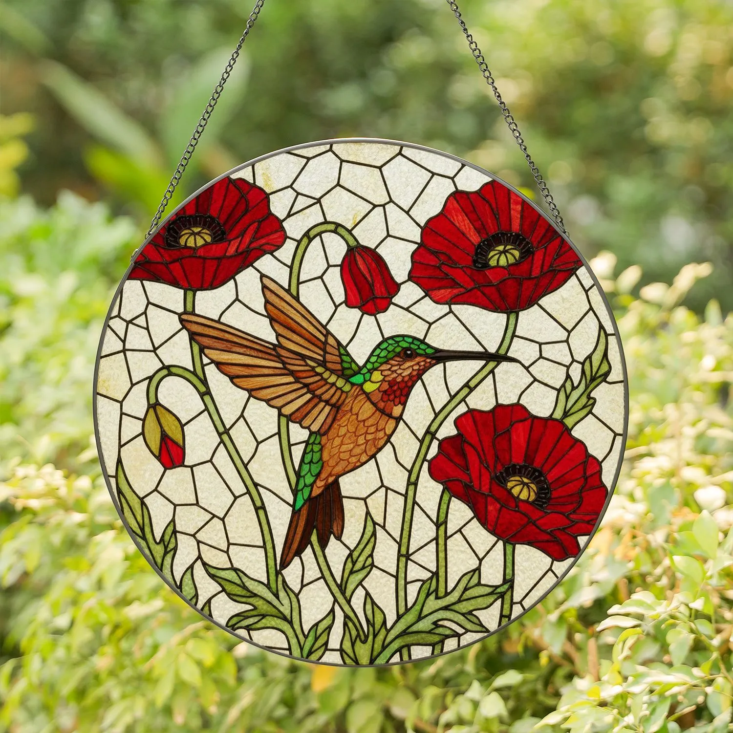 Hummingbird Red Poppy Stained Glass - Iridescent Green Head, Tiffany Jewel Tones Mosaic Stained Glass Suncatcher - 1