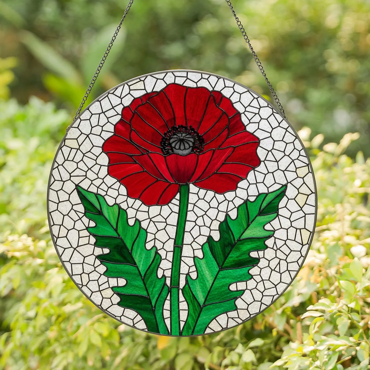 Red Poppy Stained Glass Tiffany Style Flower Mosaic with Green Leaves & Frosted Background Stained Glass Suncatcher - 1