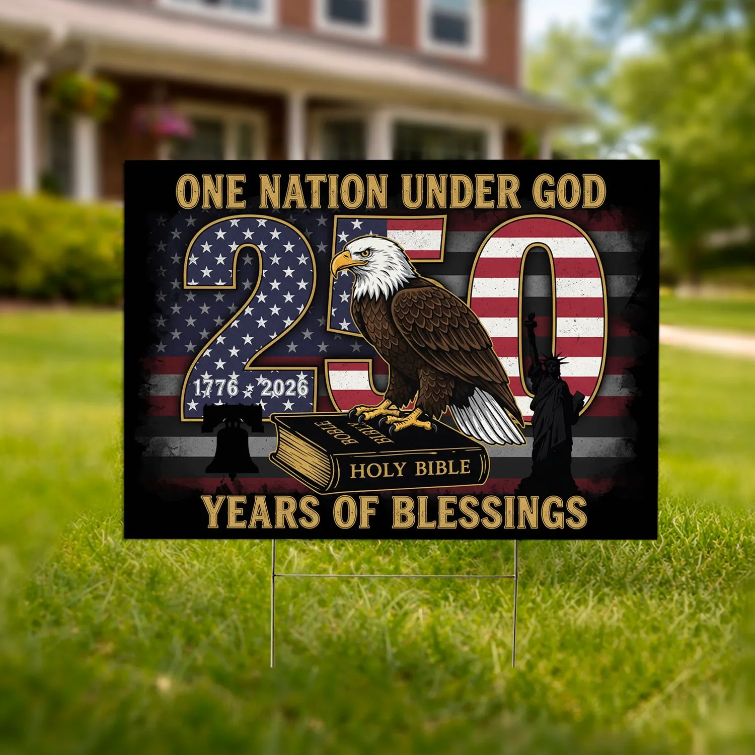 Bald Eagle Holy Bible American Flag 1776-2026 - USA 250th Anniversary Liberty Bell Yard Sign - 1