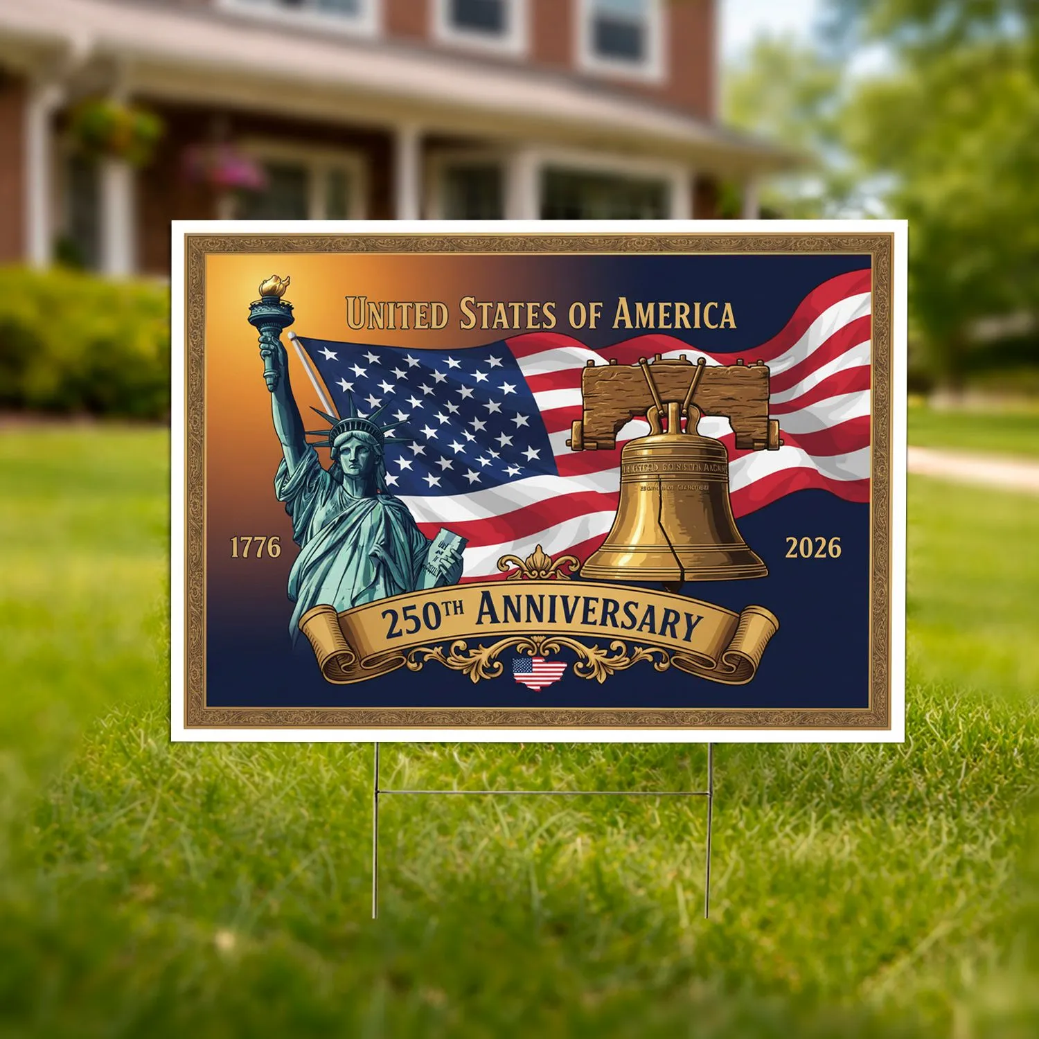 Statue of Liberty American Flag Liberty Bell 1776-2026 USA 250th Anniversary Independence Day Yard Sign - 1